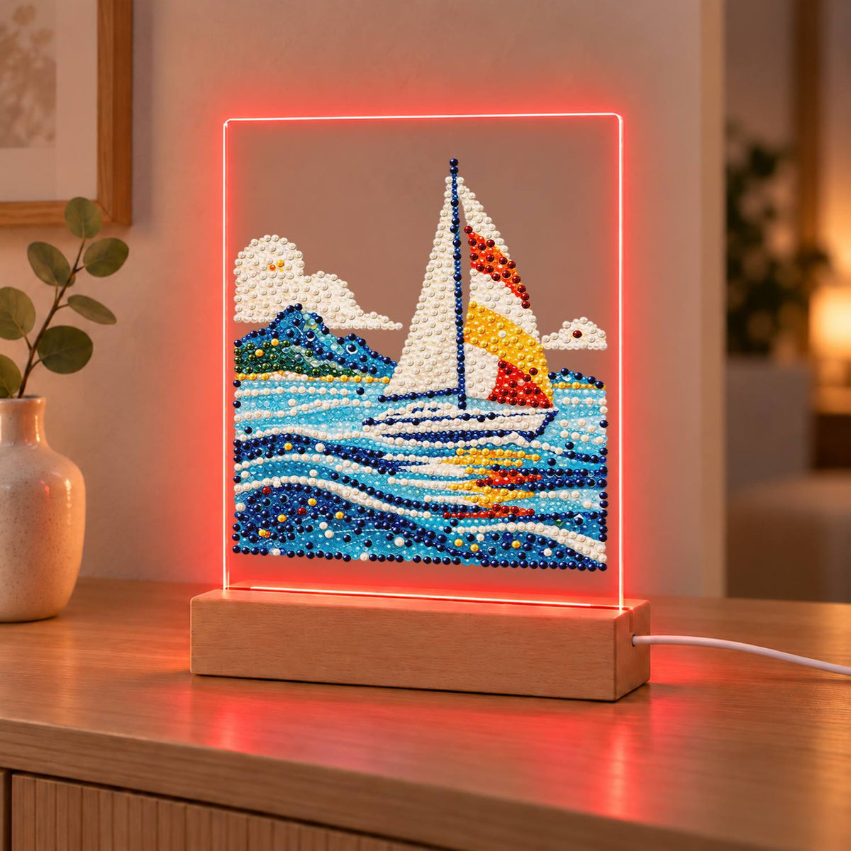 Sailboat on Rolling Blue Waves (Light-Up Pearl Painting)