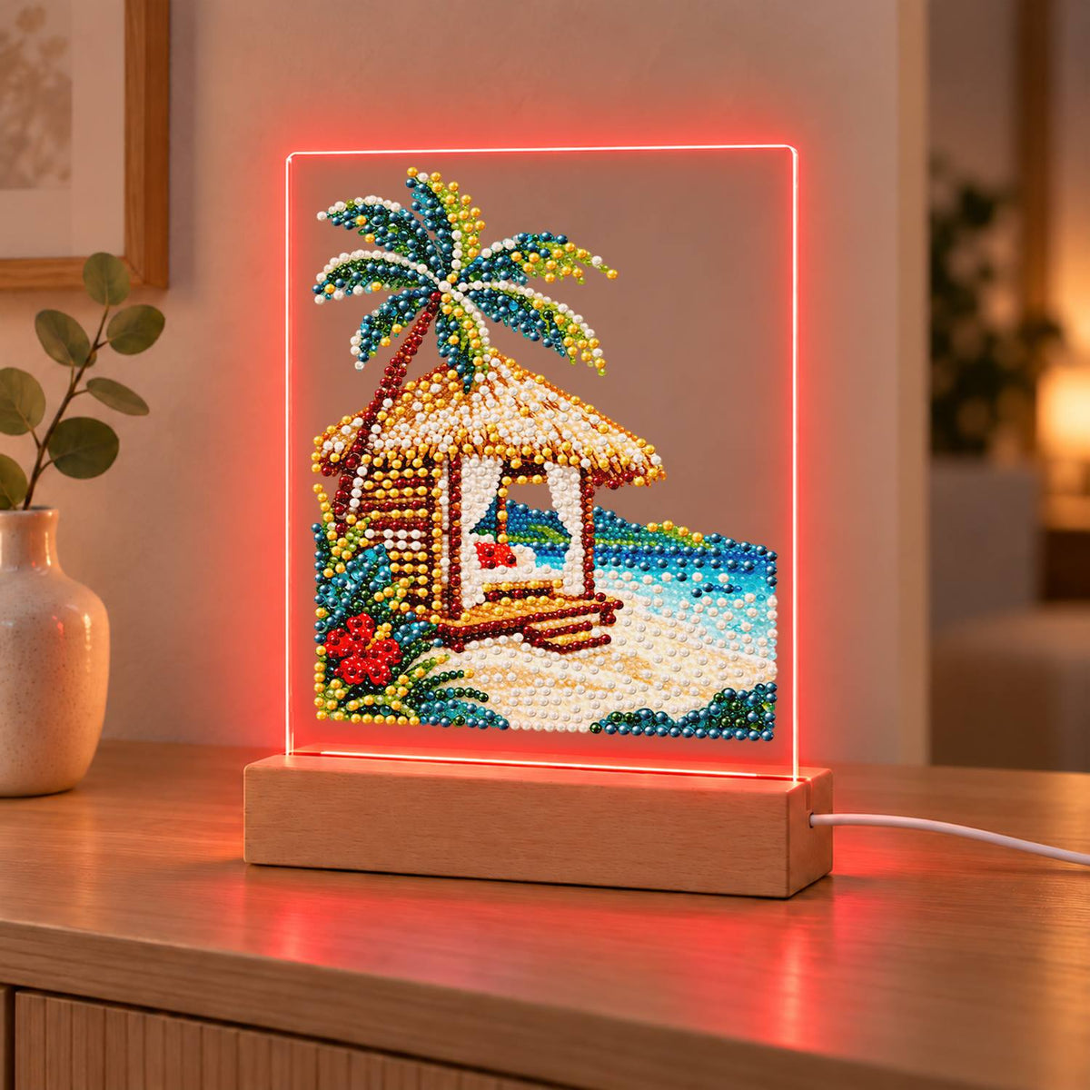 Thatched Cabana with Hibiscus (Light-Up Pearl Painting)