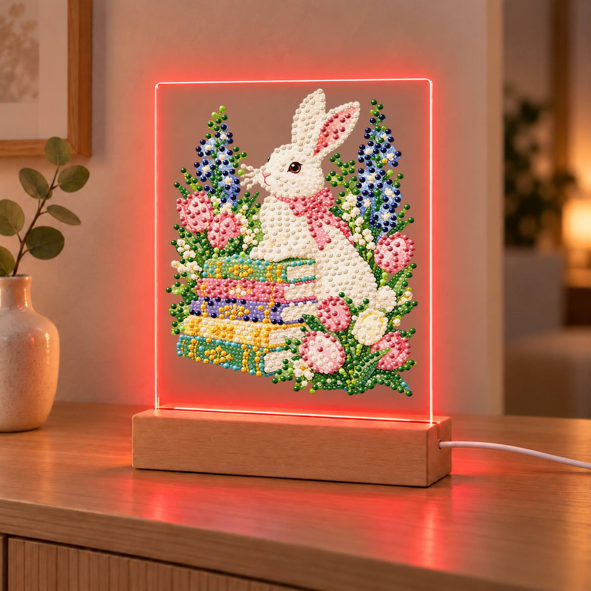 Bunny with a Bow on Books (Light-Up Pearl Painting)