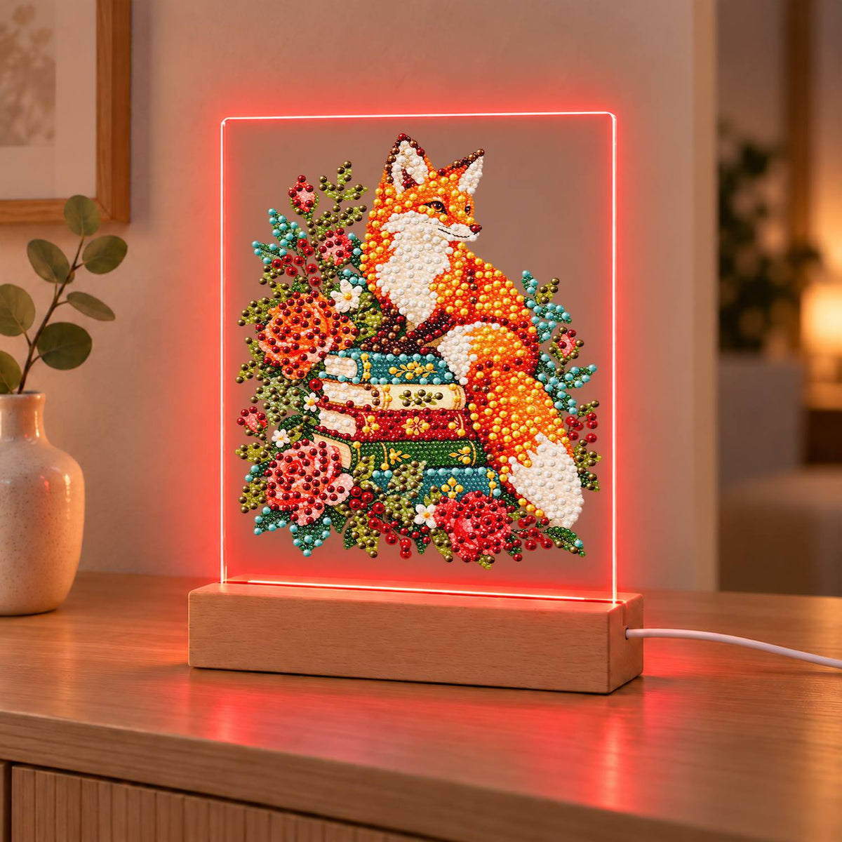 Fox Atop a Stack of Books (Light-Up Pearl Painting)