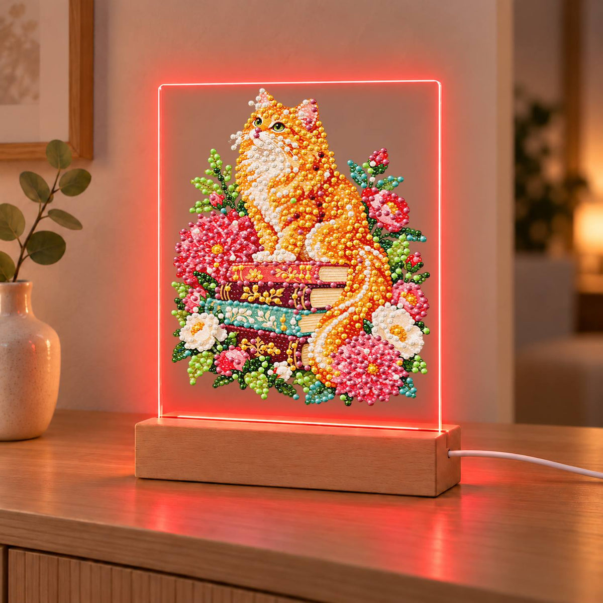Fluffy Ginger Cat in Peonies (Light-Up Pearl Painting)