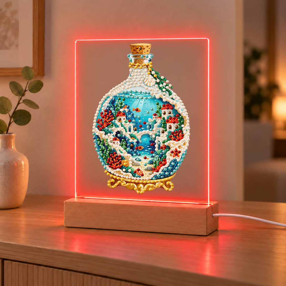 Seaside Village in a Corked Bottle (Light-Up Pearl Painting)