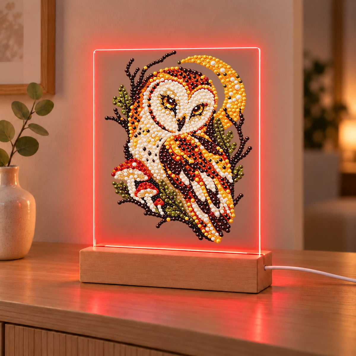 Barn Owl Under a Golden Moon (Light-Up Pearl Painting)