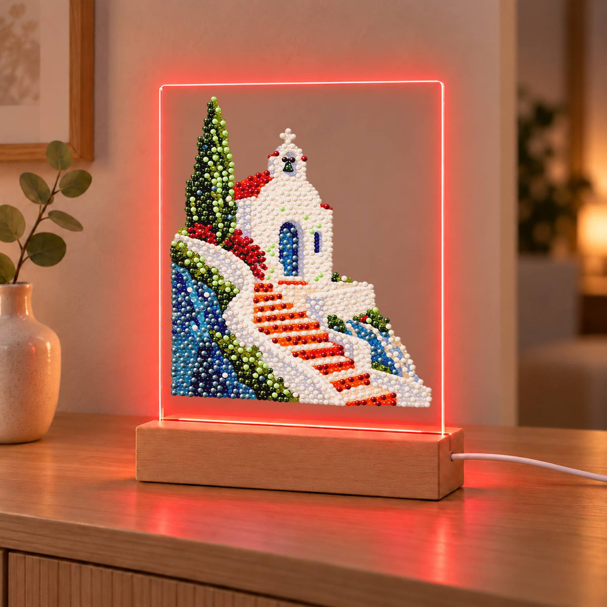 Clifftop Chapel and Red Stairway (Light-Up Pearl Painting)