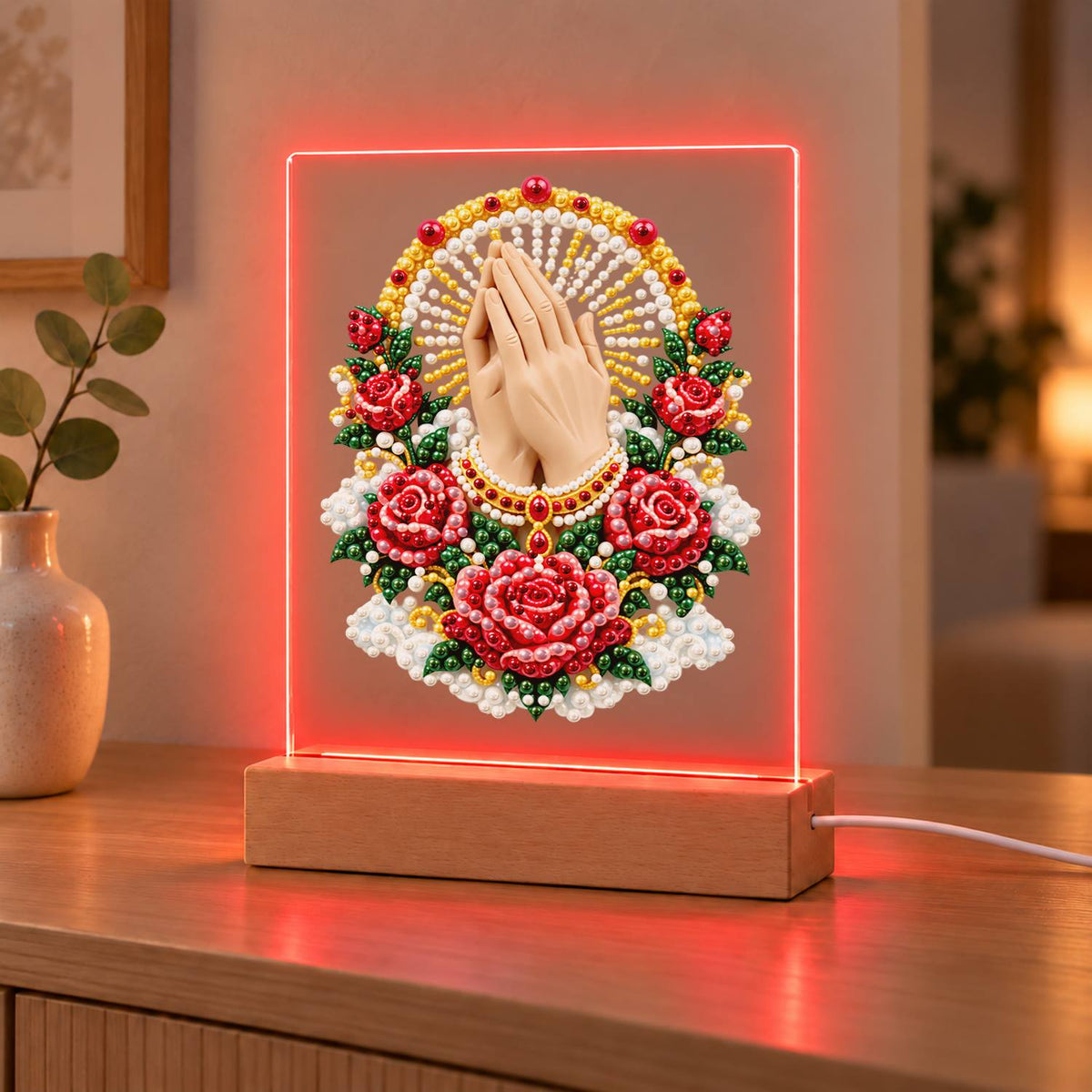Praying Hands in a Rose Garland (Light-Up Pearl Painting)