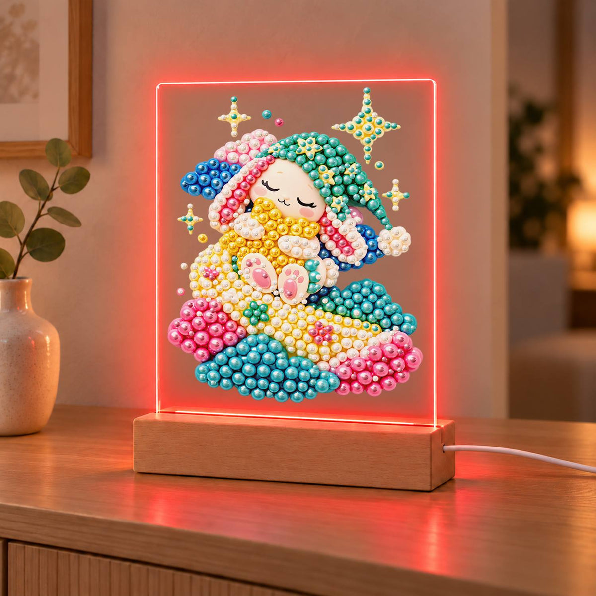 Dozing Bunny on Pastel Clouds (Light-Up Pearl Painting)