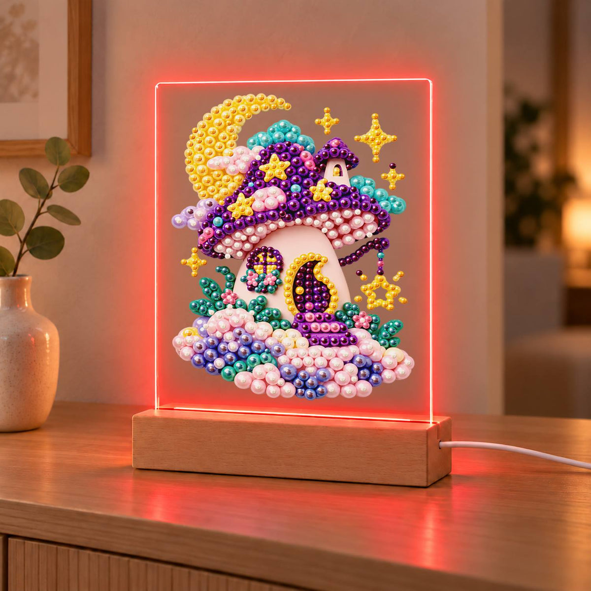 Purple Mushroom House at Moonrise (Light-Up Pearl Painting)