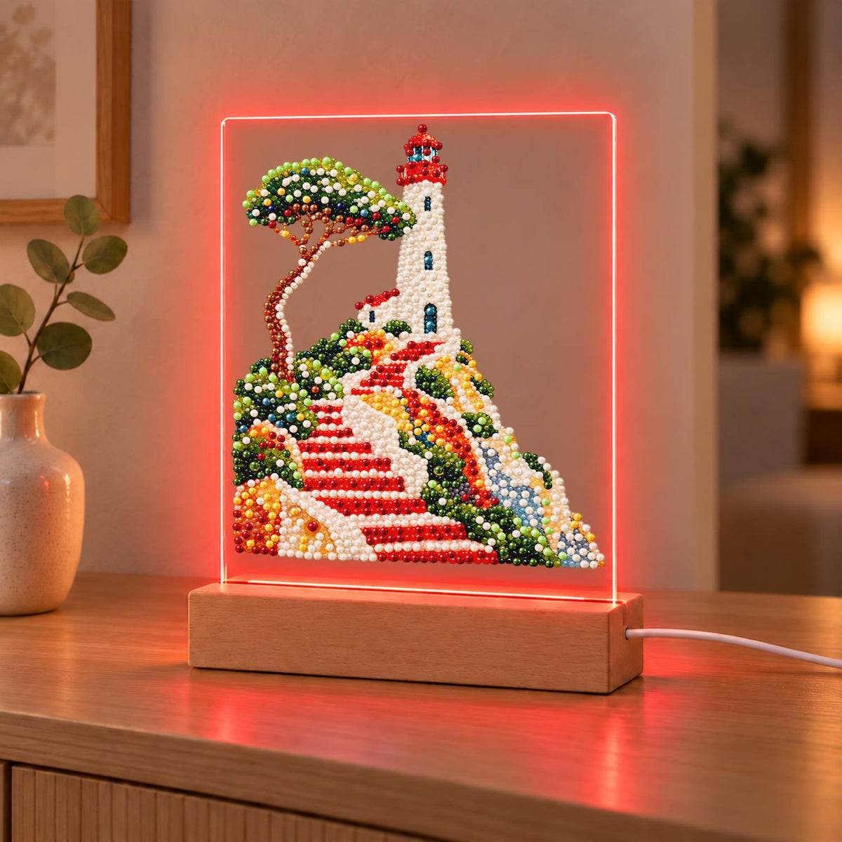 Lighthouse Above Winding Red Steps (Light-Up Pearl Painting)