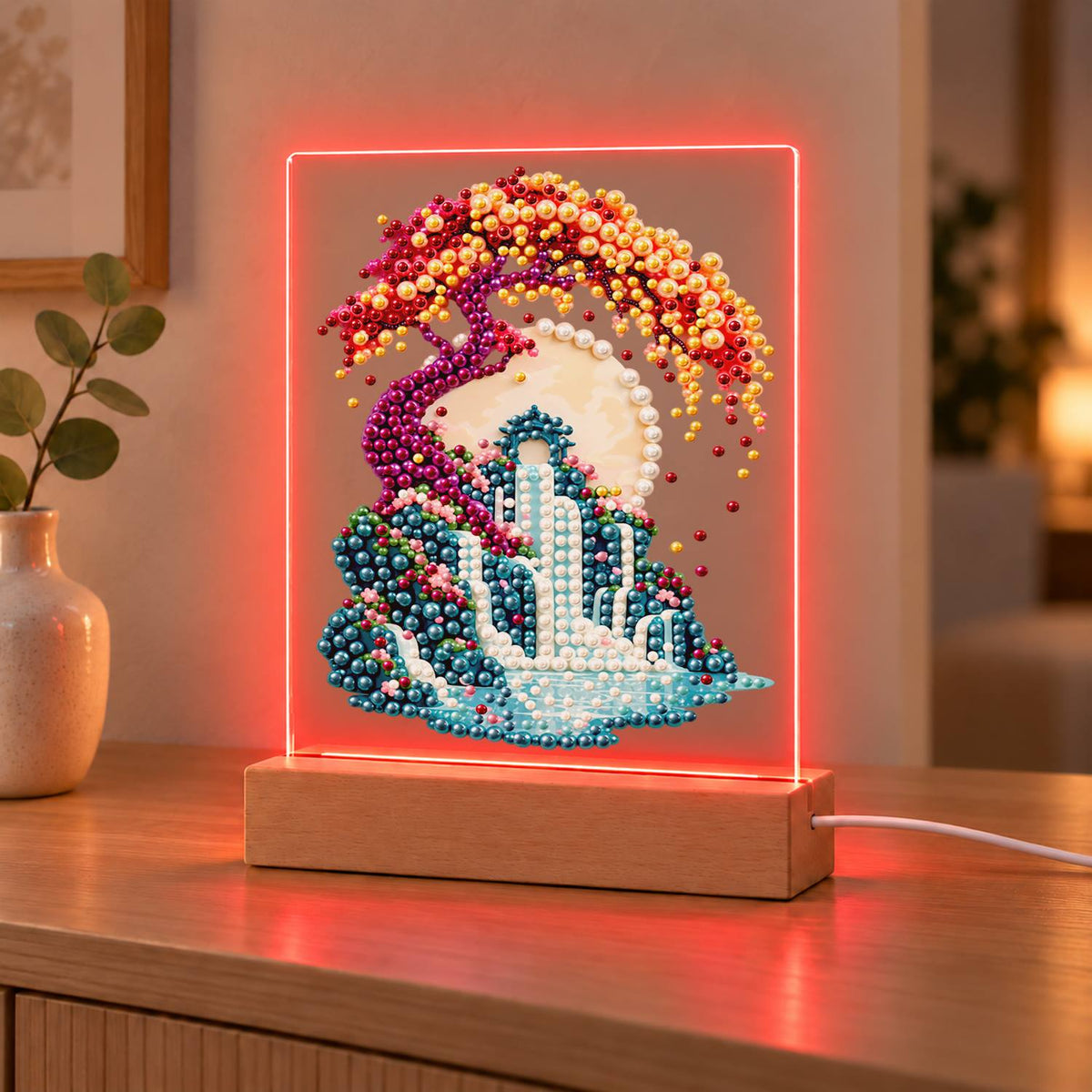 Twisting Tree Over a Waterfall (Light-Up Pearl Painting)