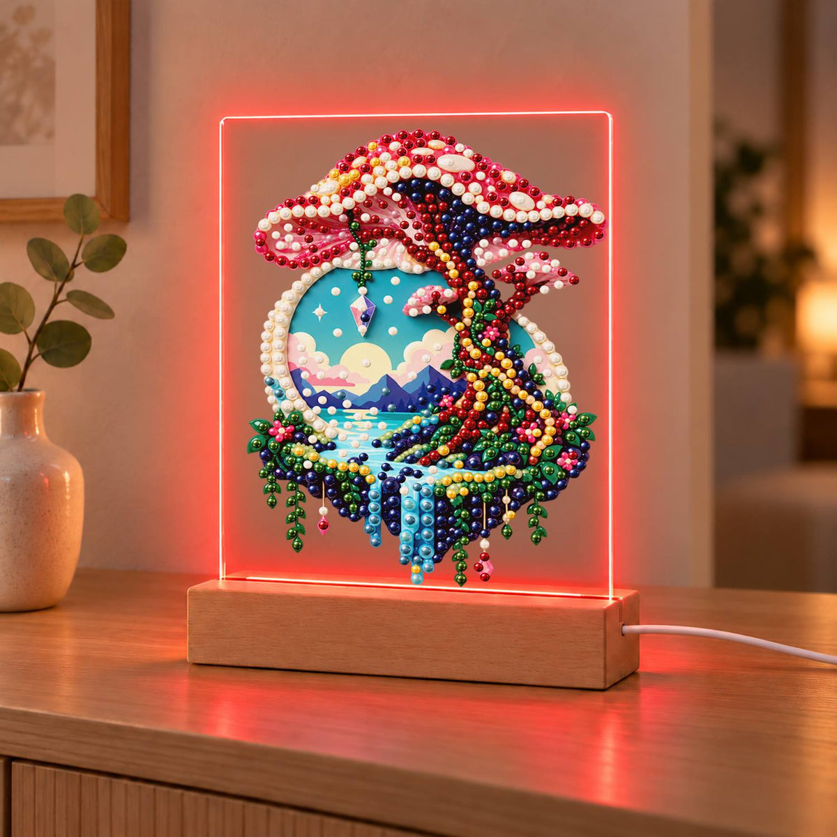 Pink Mushroom Over a Floating Isle (Light-Up Pearl Painting)
