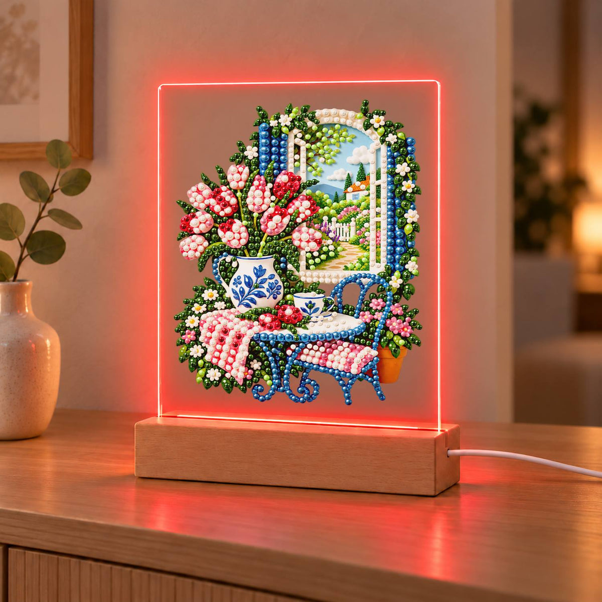 Tulip Vase by a Garden Window (Light-Up Pearl Painting)