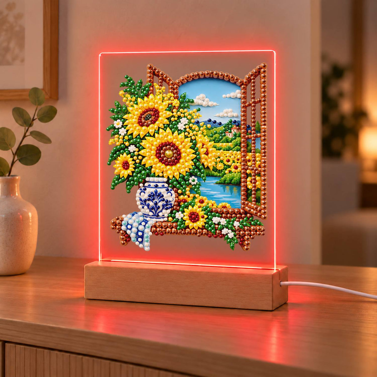 Sunflowers at a Lakeside Window (Light-Up Pearl Painting)