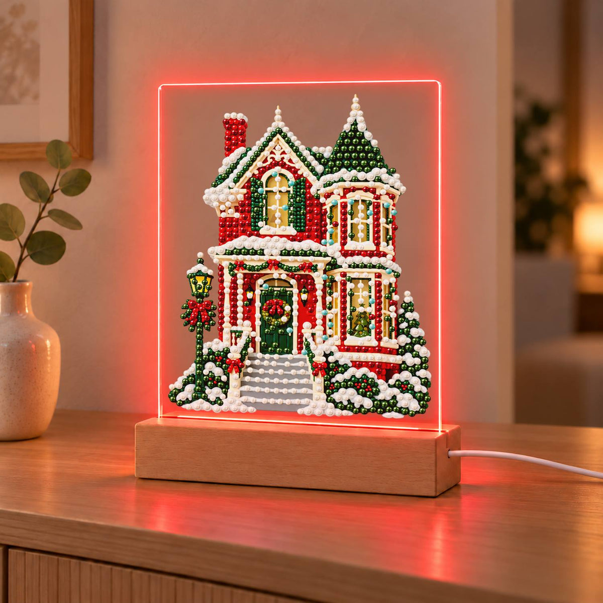 Red Victorian House in Snow (Light-Up Pearl Painting)
