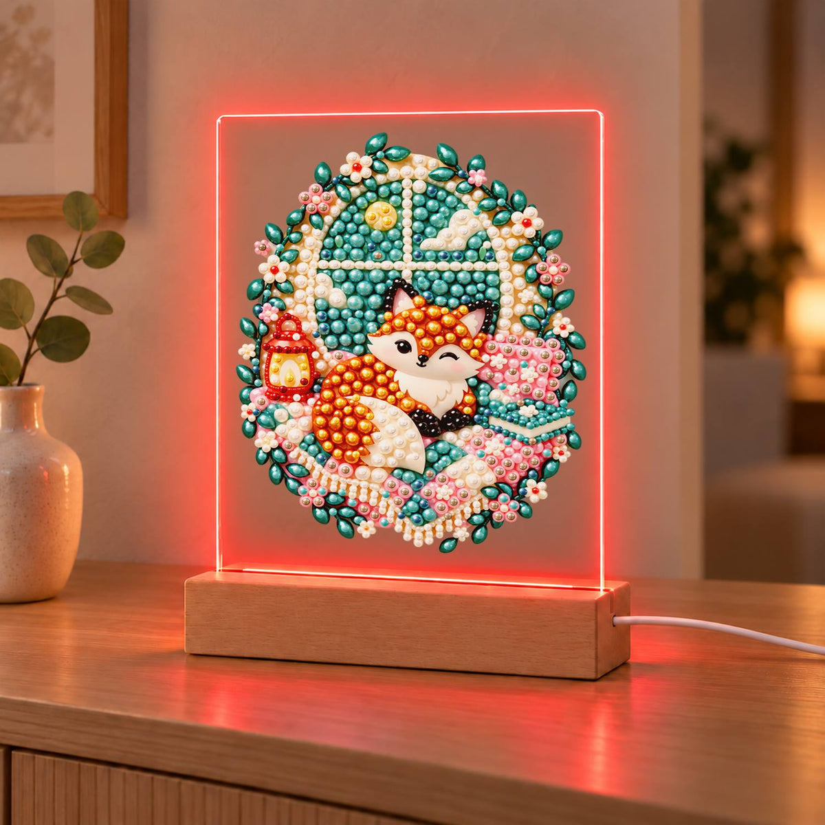 Cozy Fox by a Lantern Window (Light-Up Pearl Painting)