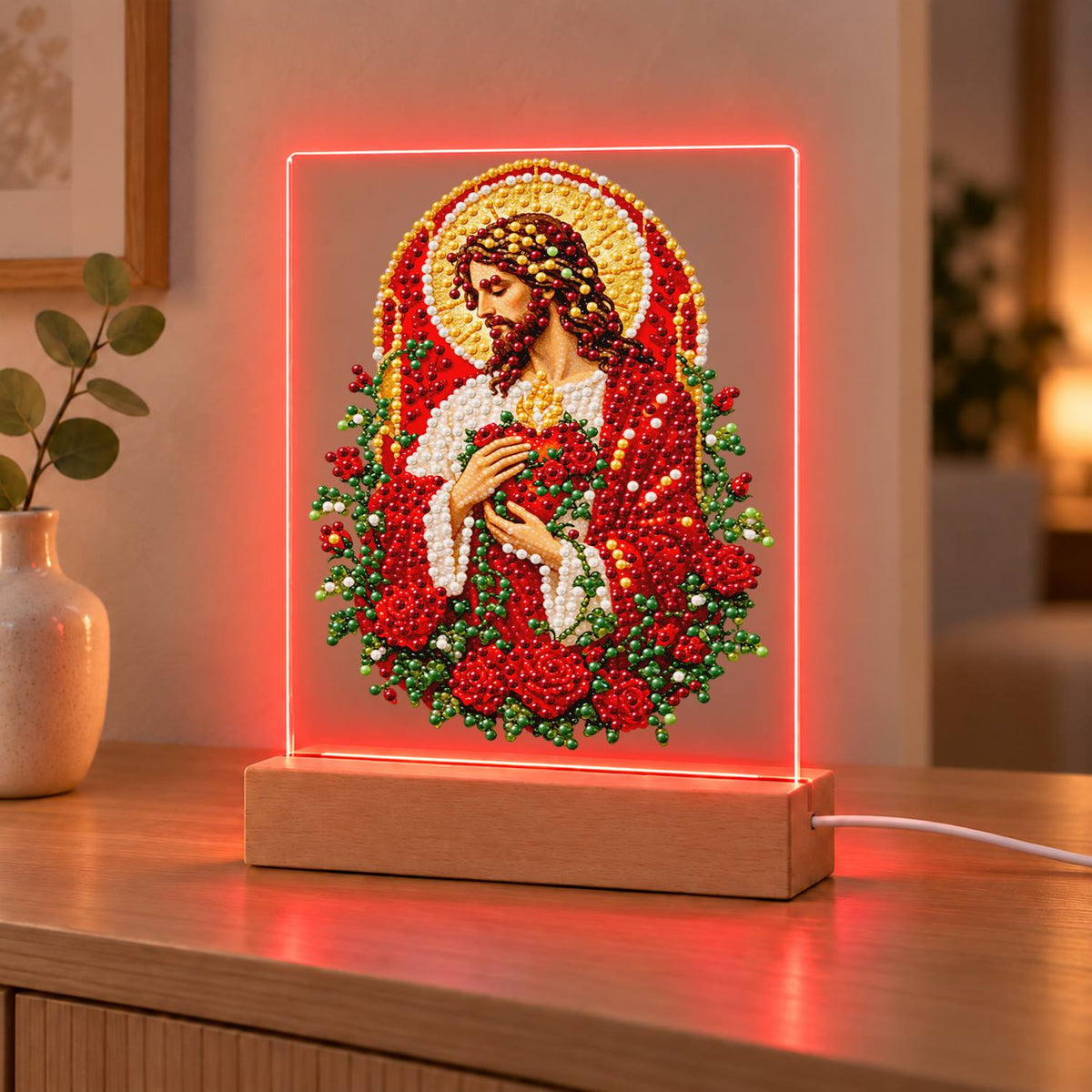 Sacred Heart Wreathed in Roses (Light-Up Pearl Painting)