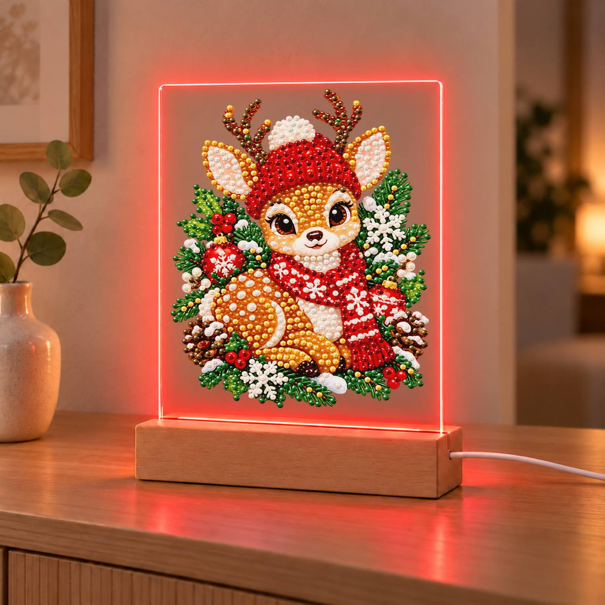 Fawn in a Red Nordic Scarf (Light-Up Pearl Painting)