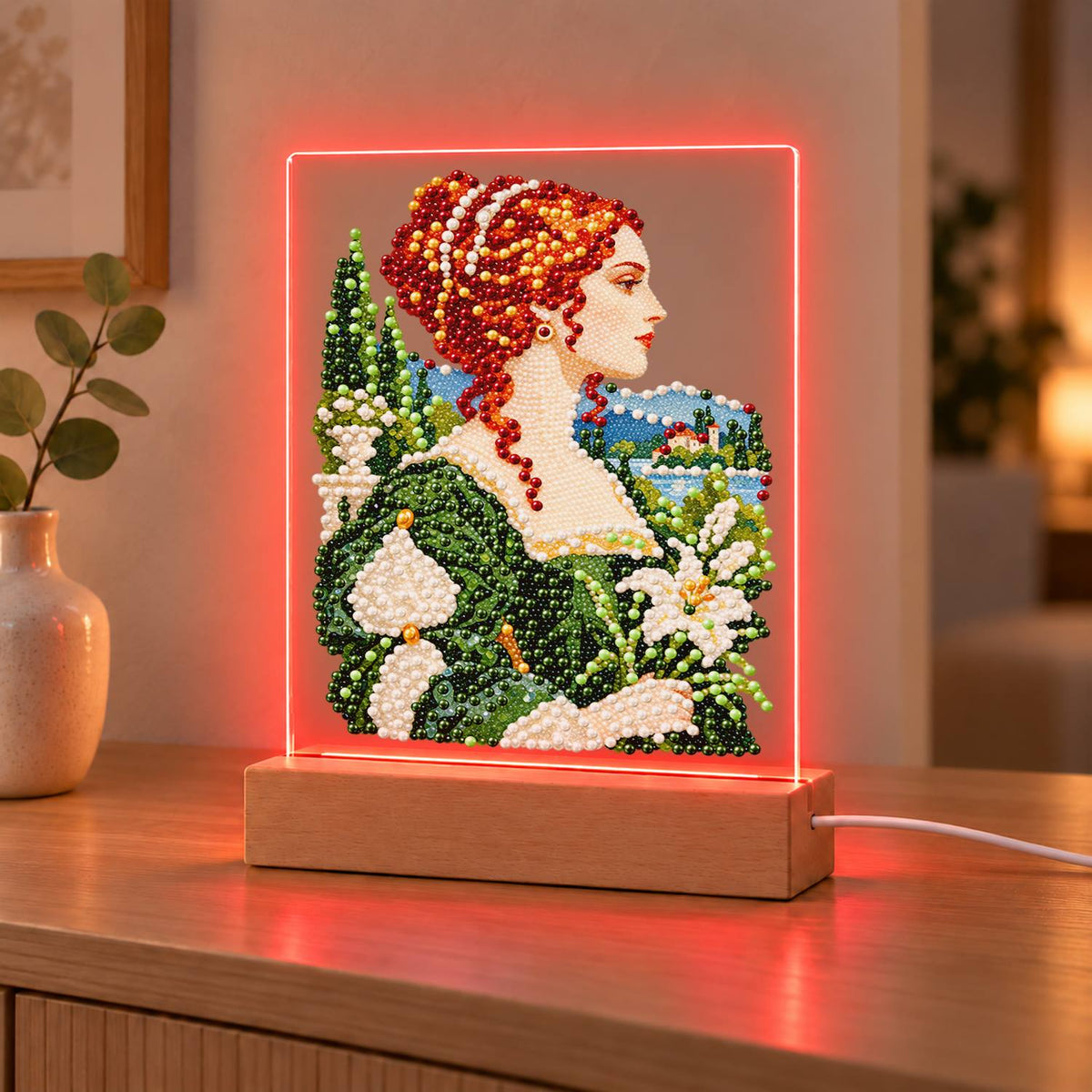 Red-Haired Lady with Calla Lilies (Light-Up Pearl Painting)