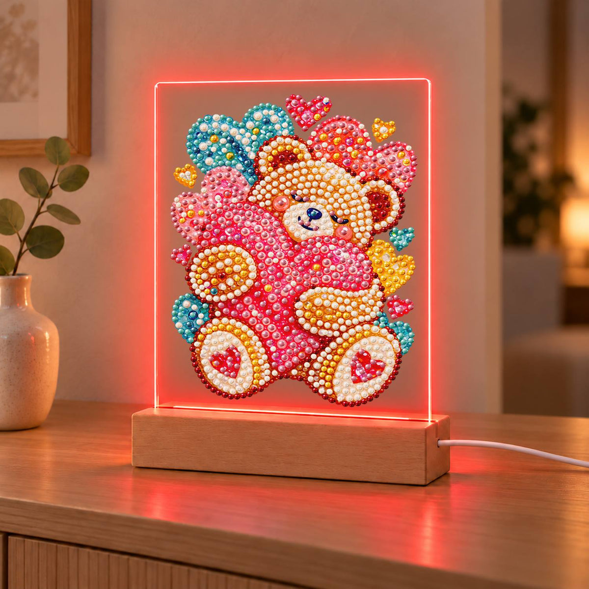 Teddy Bear Hugging a Pink Heart (Light-Up Pearl Painting)