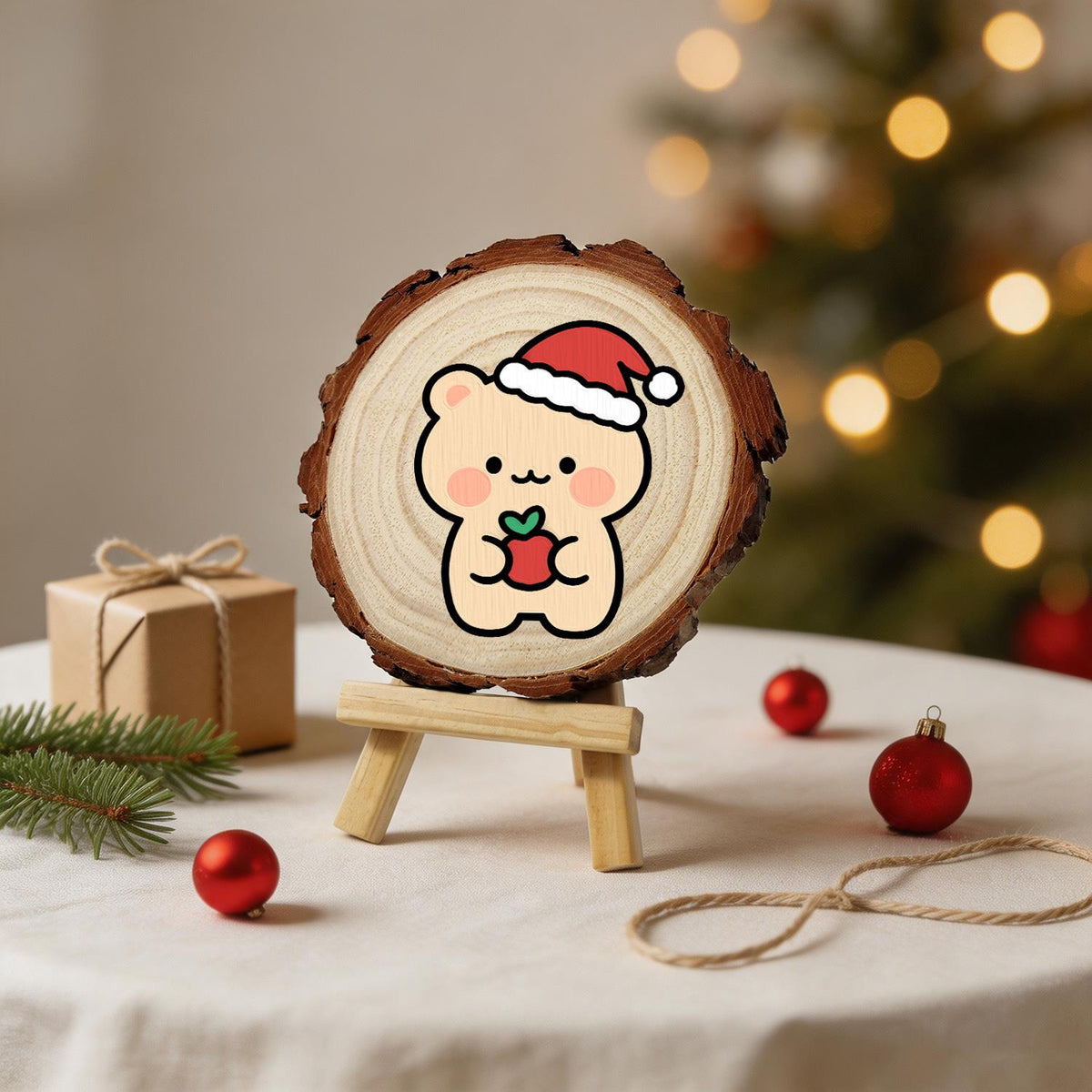 Peach Bear with a Red Apple paint by numbers wood slice – image 24