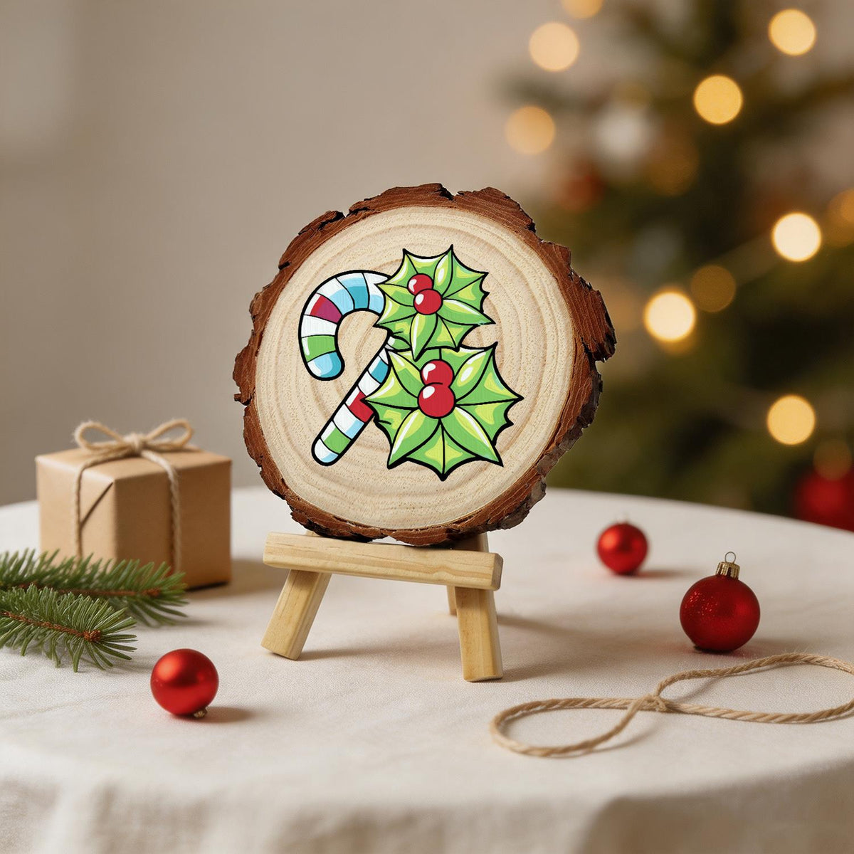 Striped Candy Cane with Holly paint by numbers wood slice – image 24