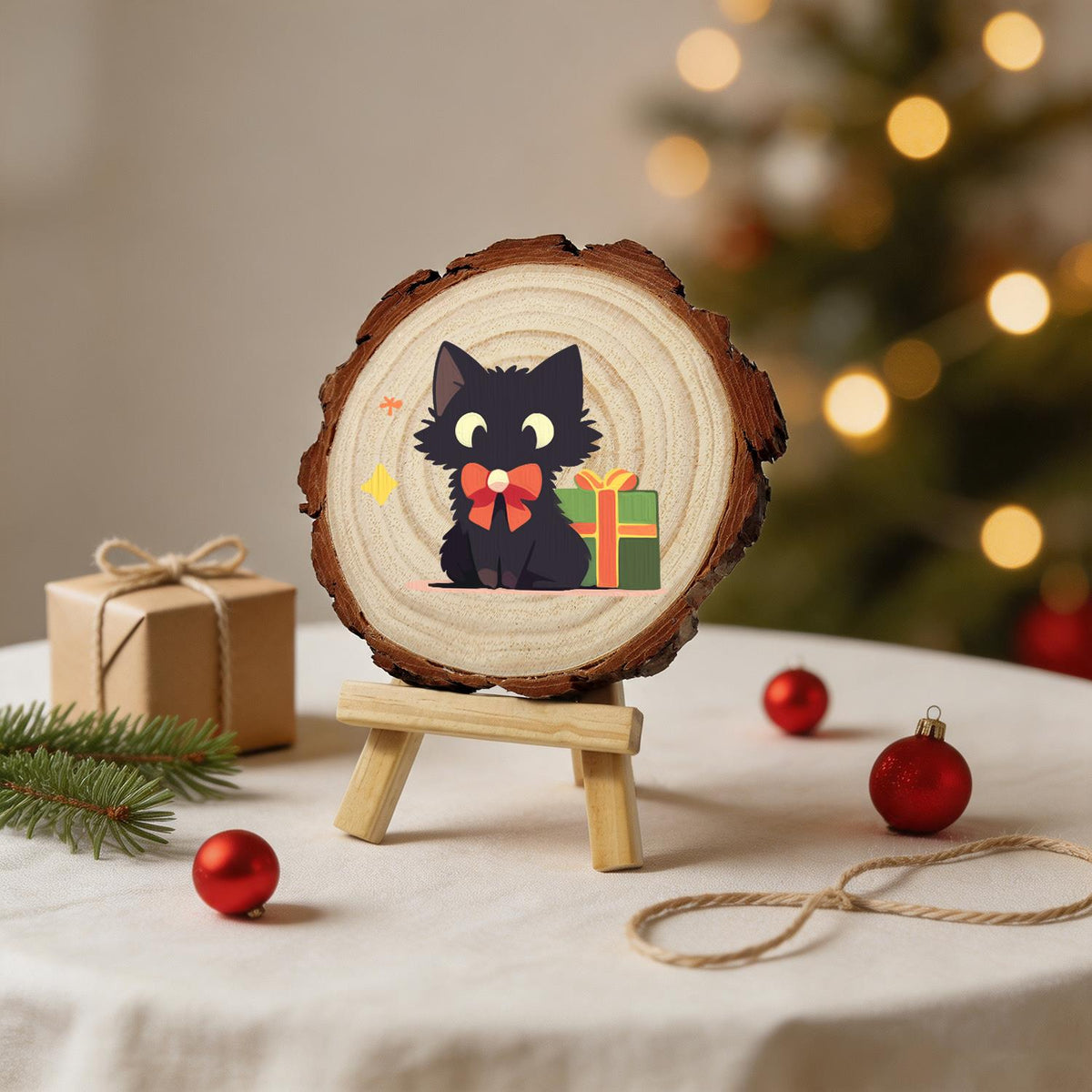 Black Cat with a Green Present paint by numbers wood slice – image 25