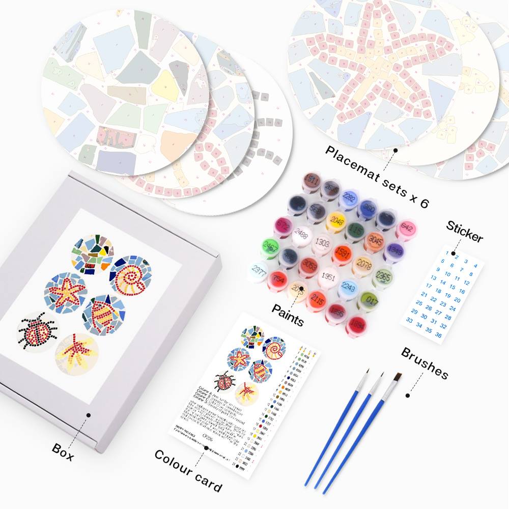 Mosaic Fish and Spiral Shell paint by numbers placemat set – what's in the kit: 6 round canvas boards, numbered paints, brushes, color card and box