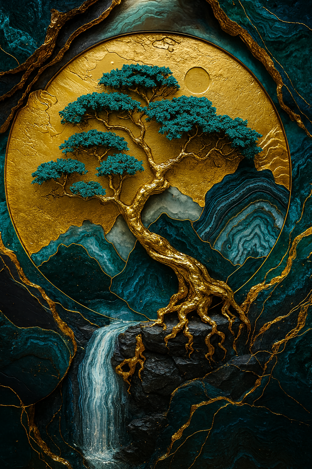 Golden Tree and Waterfall (Diamond Painting)