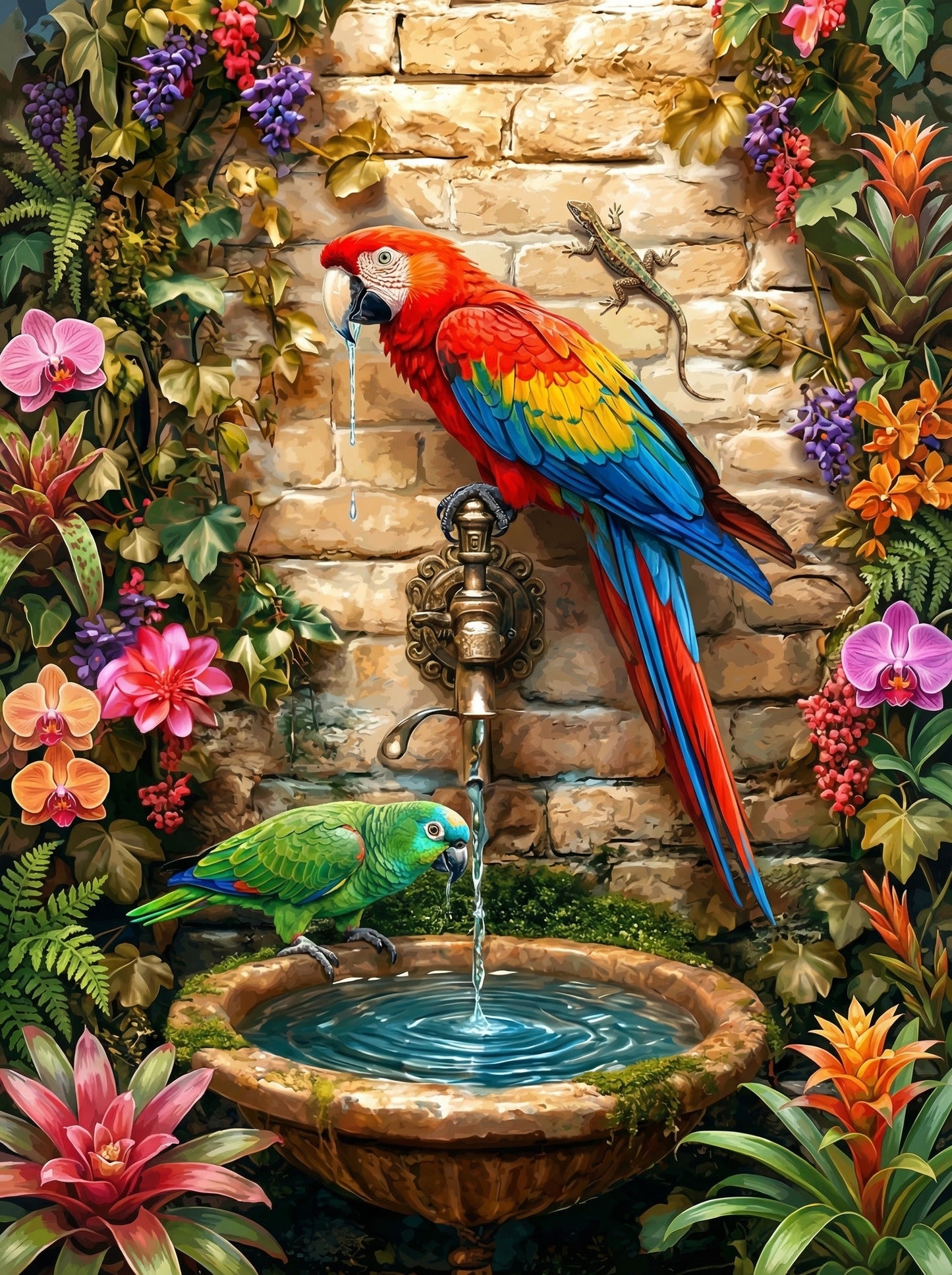 Parrot Water Fountain Garden (100 Color Diamond Painting) Diamond Painting kit