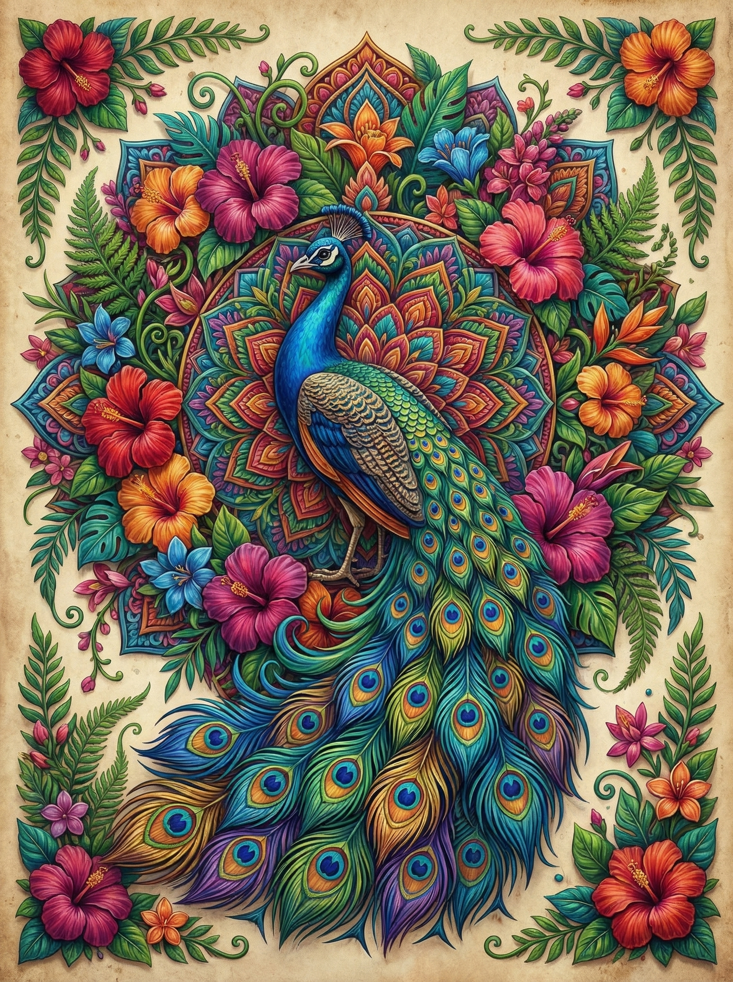 Peacock Hibiscus Mandala (100 Color Diamond Painting)