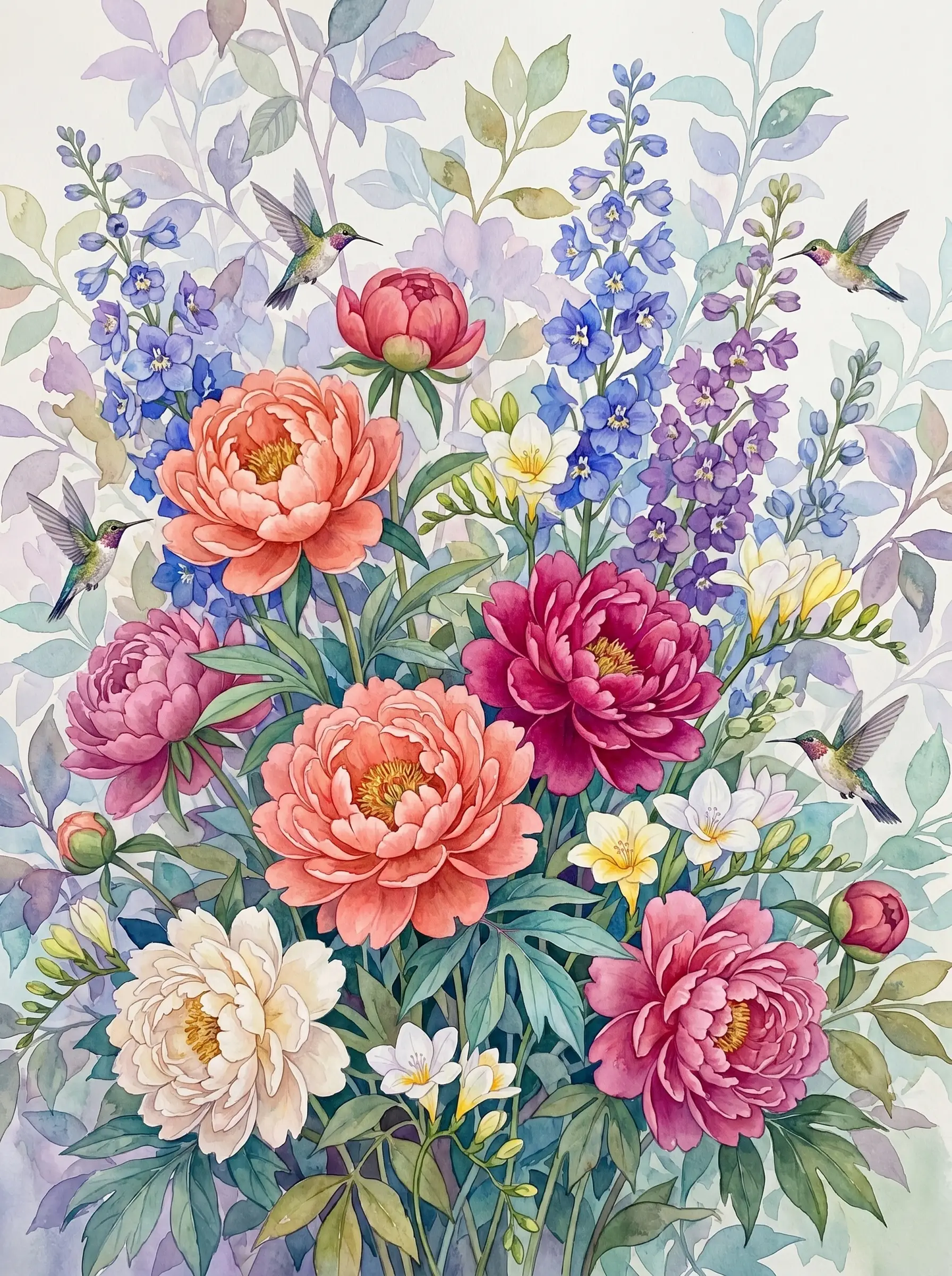 Peony Delphinium Hummingbird Watercolor (Diamond Painting)
