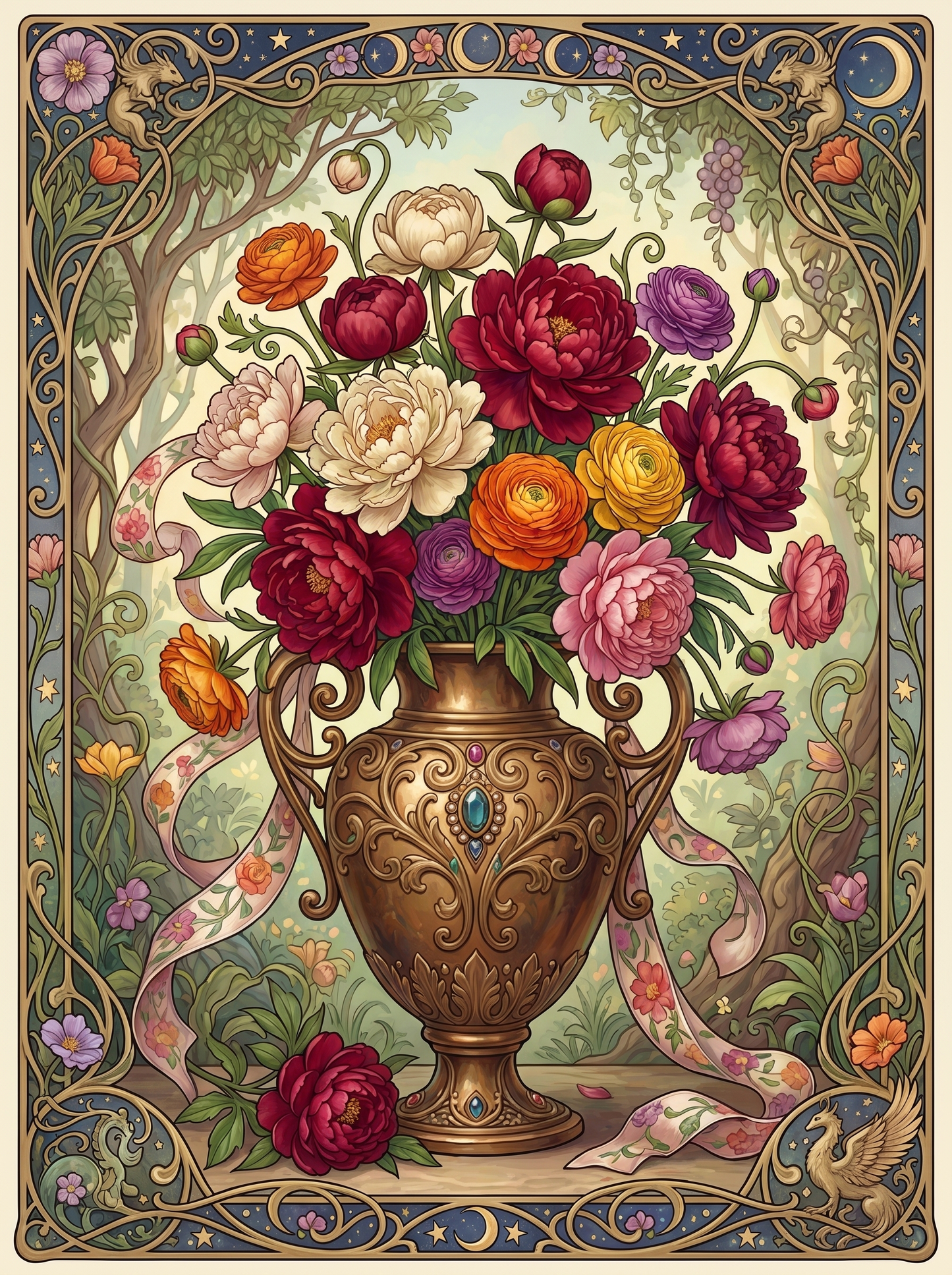 Peony Ranunculus Ribbon Vase (80 Colors)