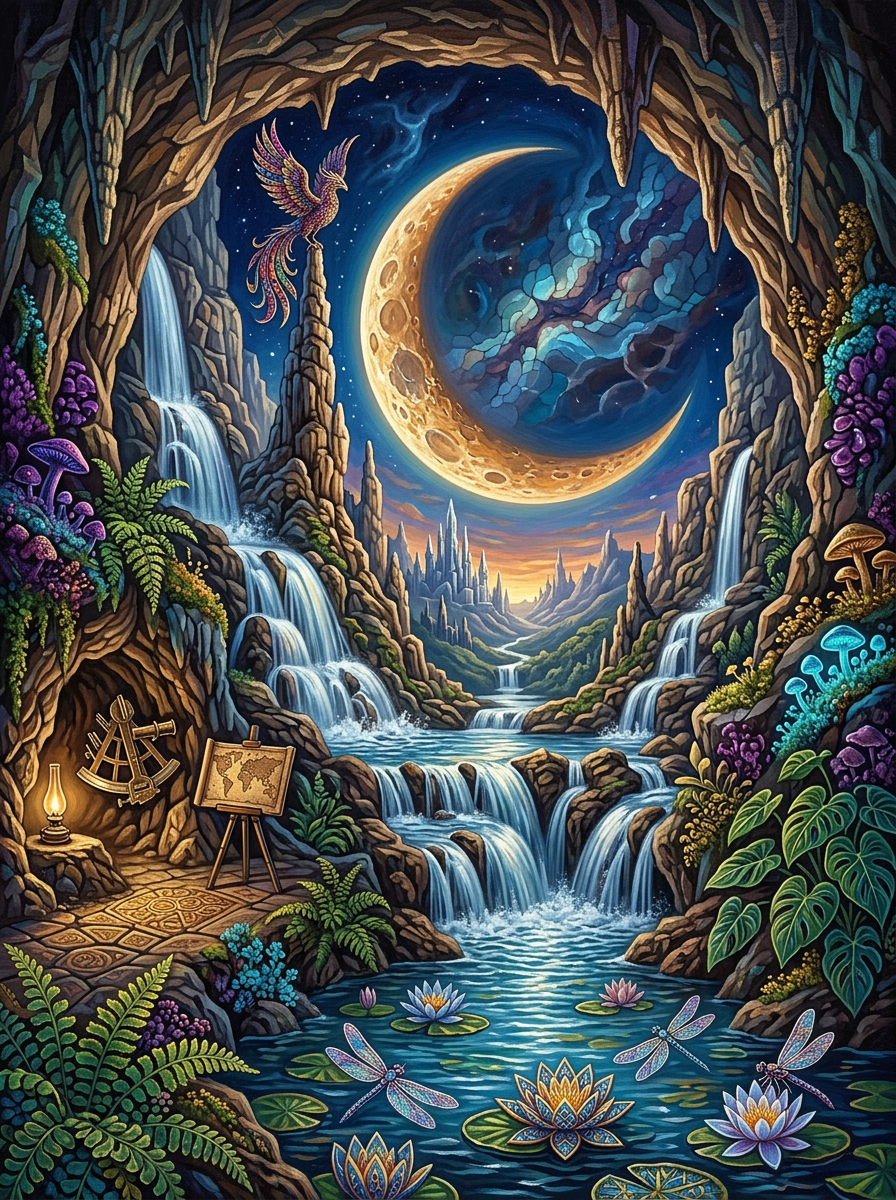 Phoenix Cave Waterfall Moonlight (100 Color Diamond Painting) Diamond Painting kit