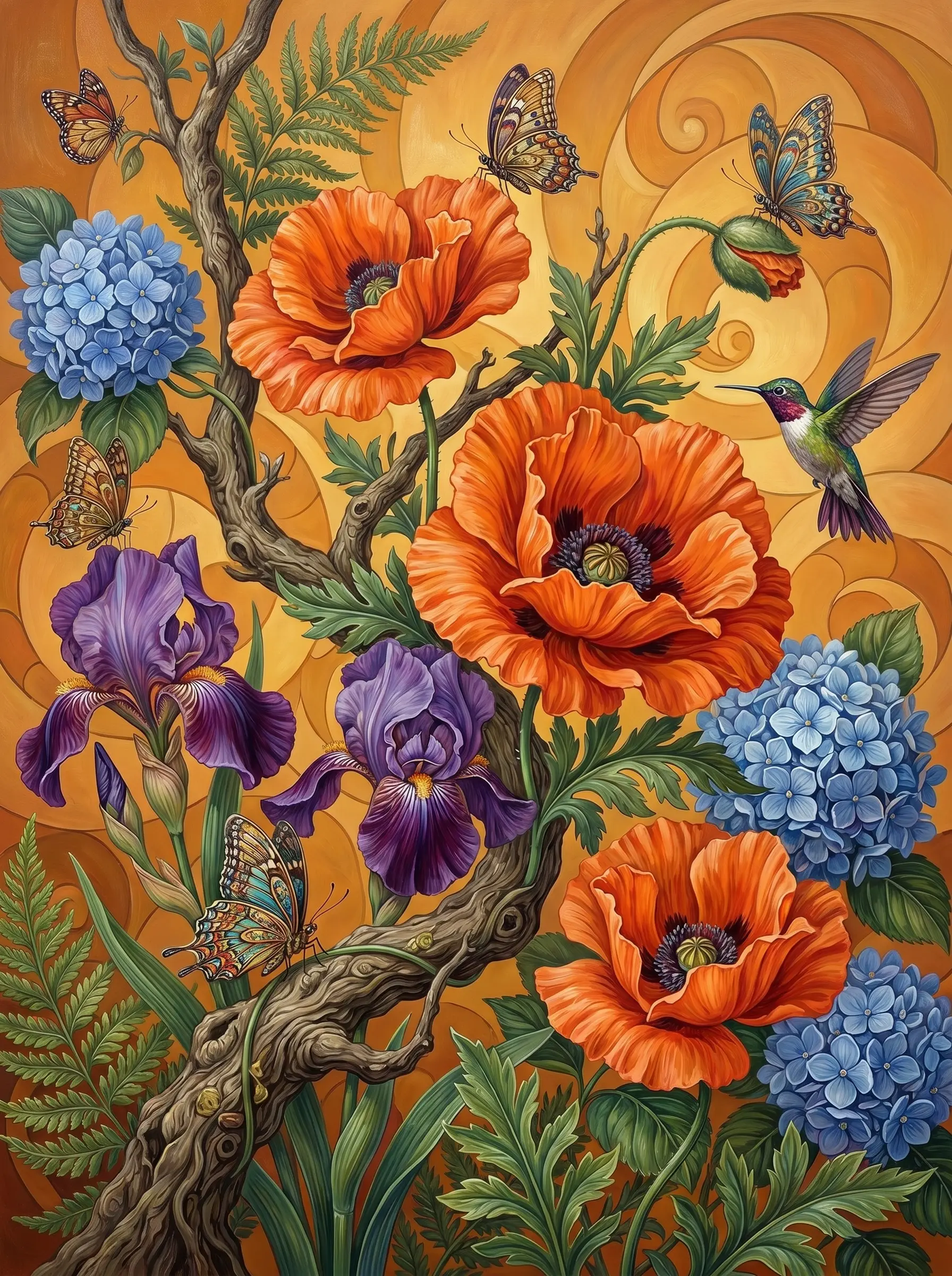 Poppy Iris Hydrangea Hummingbird (Diamond Painting)