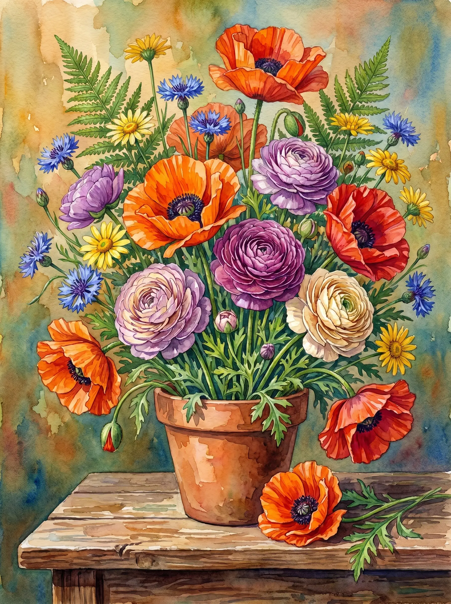 Poppy Ranunculus Terracotta Pot (Diamond Painting)