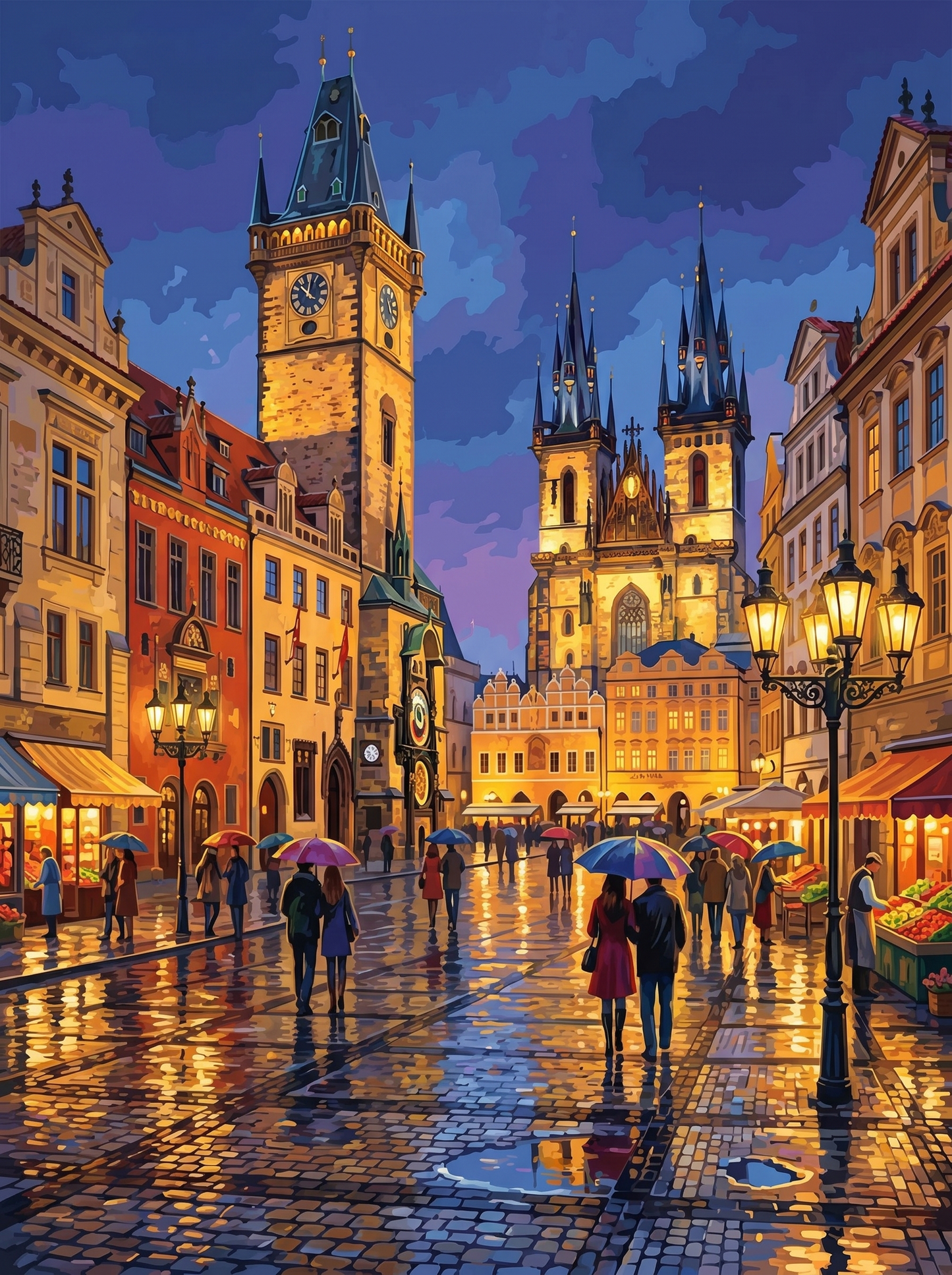 Prague Rainy Night Street (150 Color Diamond Painting)