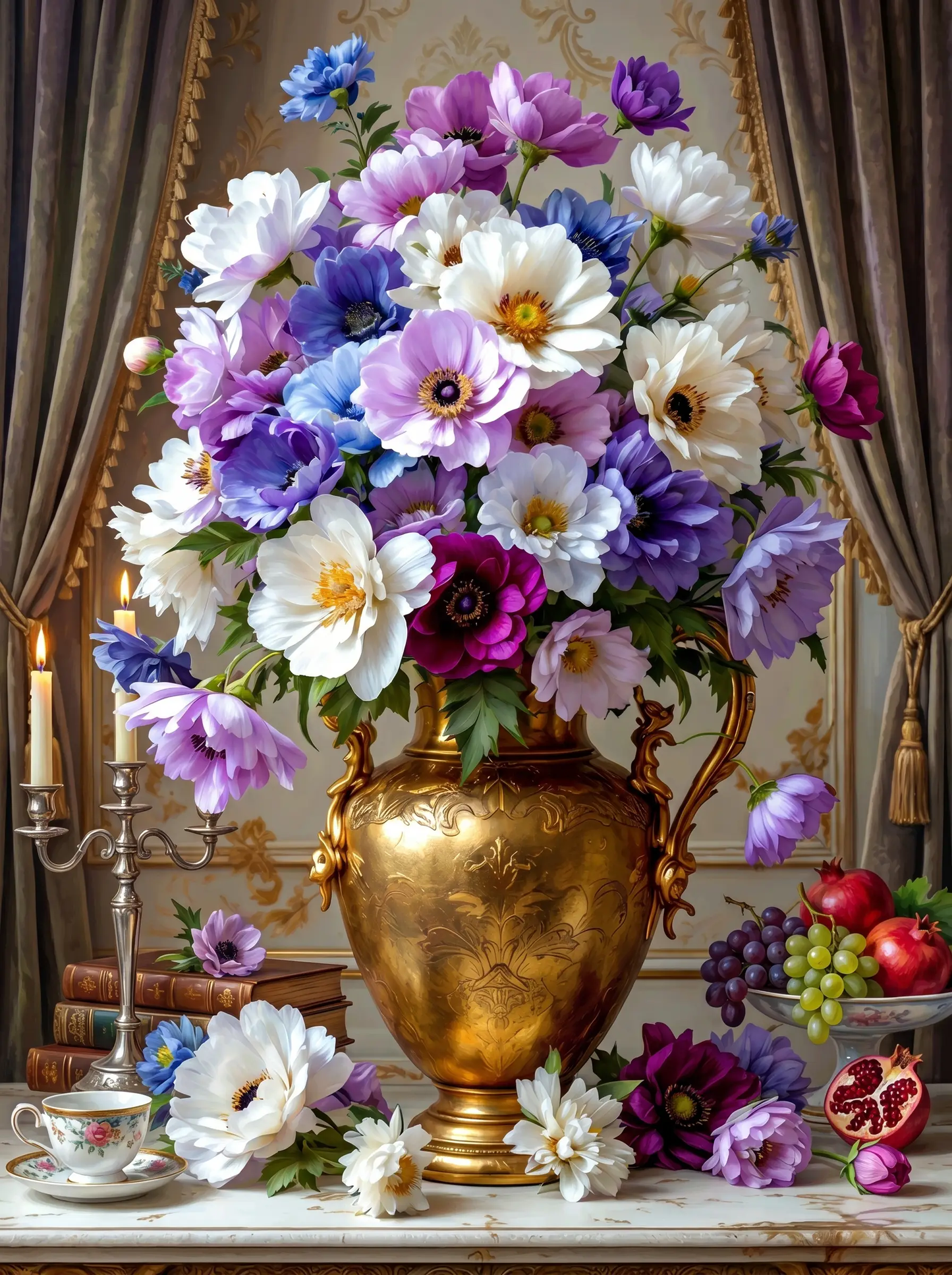 Purple White Anemone Brass Urn (Diamond Painting)