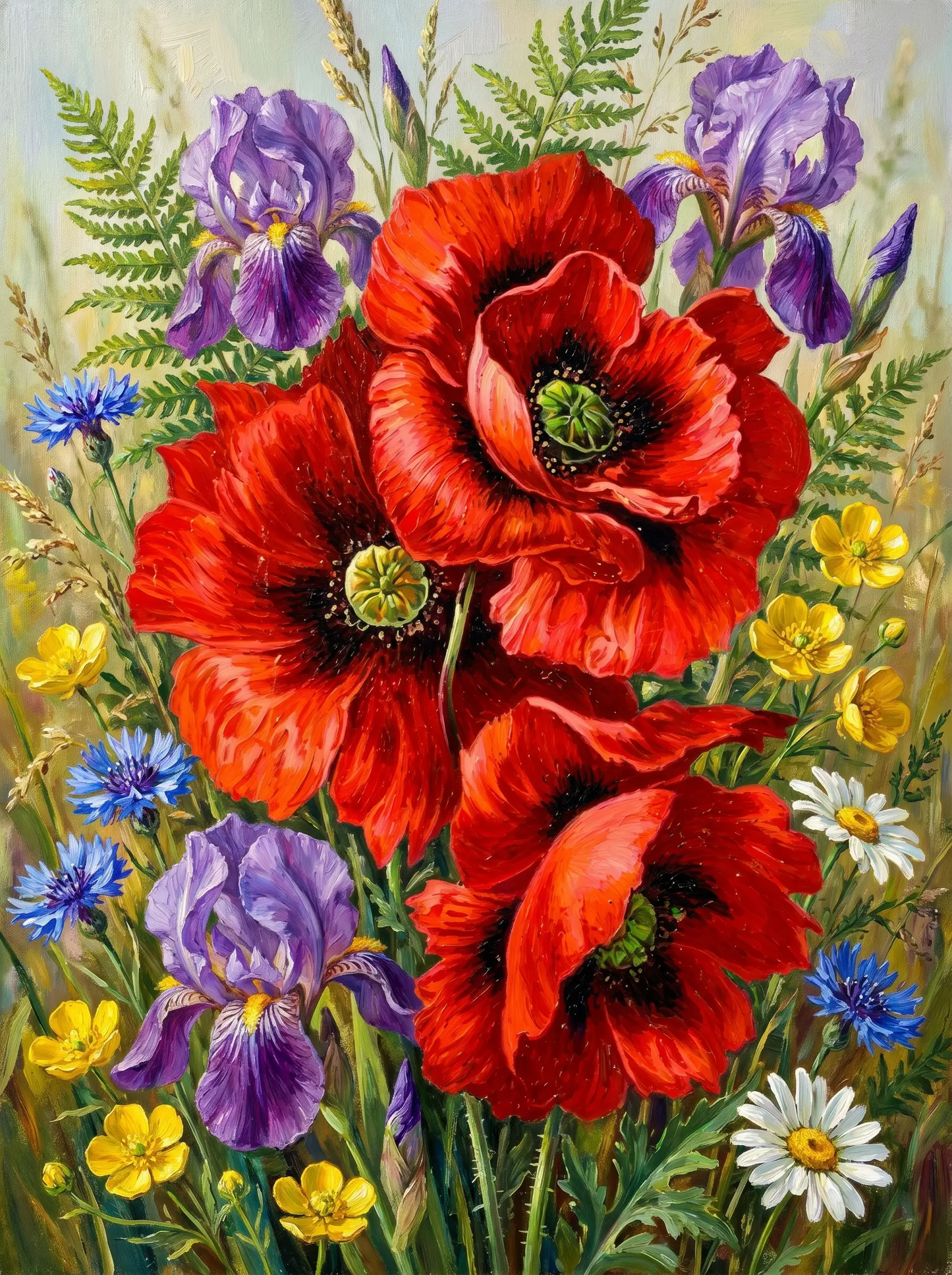 Red Poppy Iris Meadow (Diamond Painting)