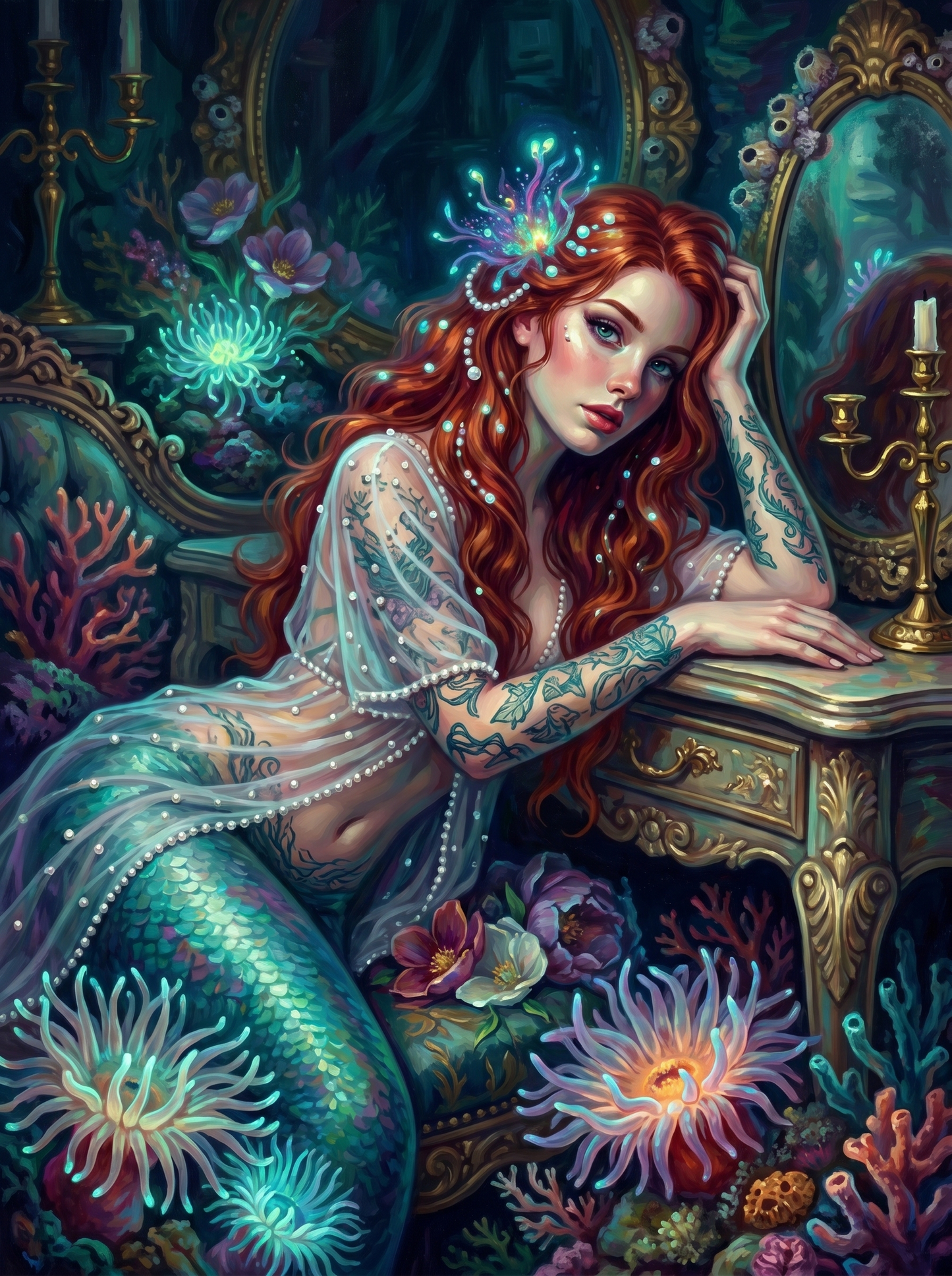 Redhead Mermaid Vanity Anemones (150 Color Diamond Painting)