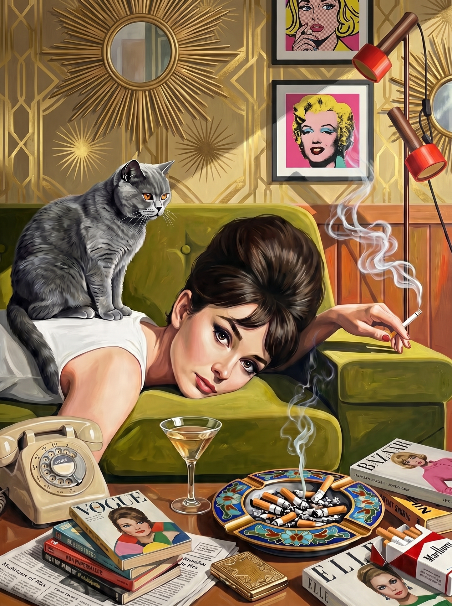Retro Pinup With Cat (150 Color Diamond Painting)