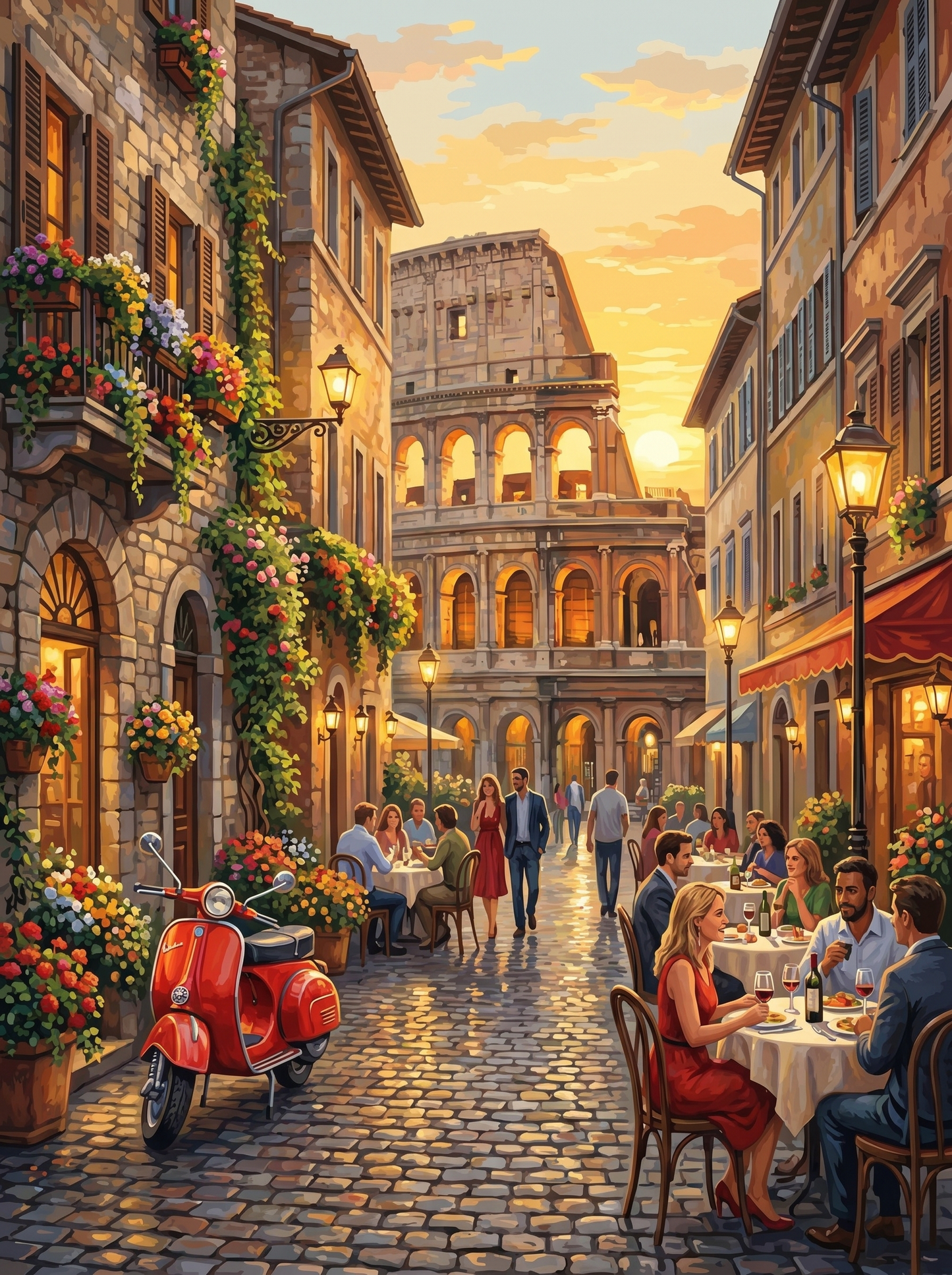 Rome Street Cafe Evening (150 Color Diamond Painting)
