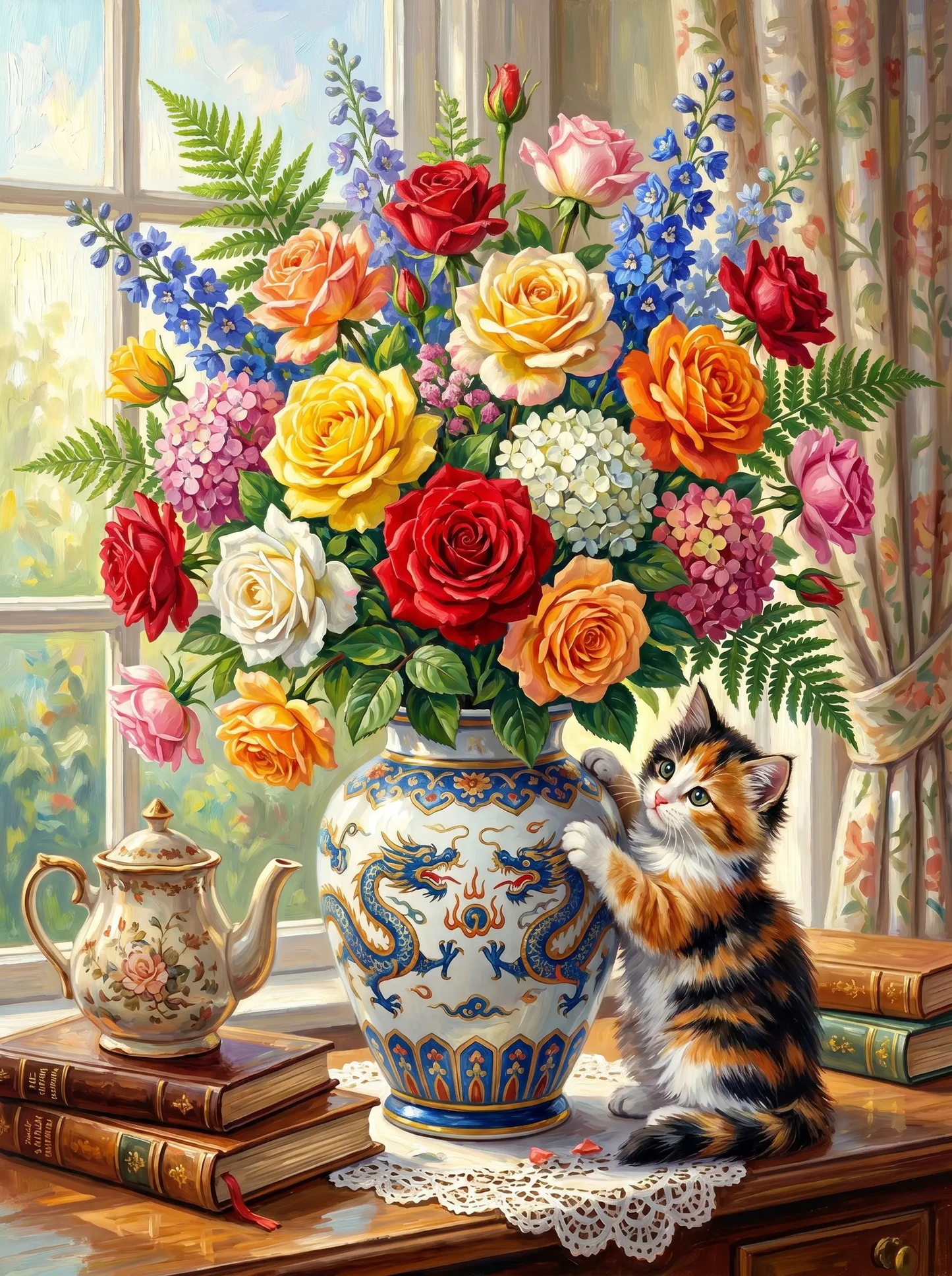 Rose Bouquet Kitten Window (Diamond Painting)