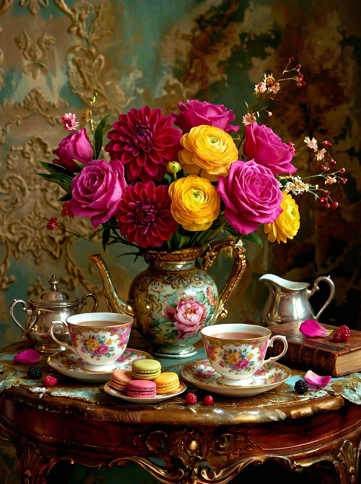 Rose Floral Teapot Still Life (Diamond Painting)