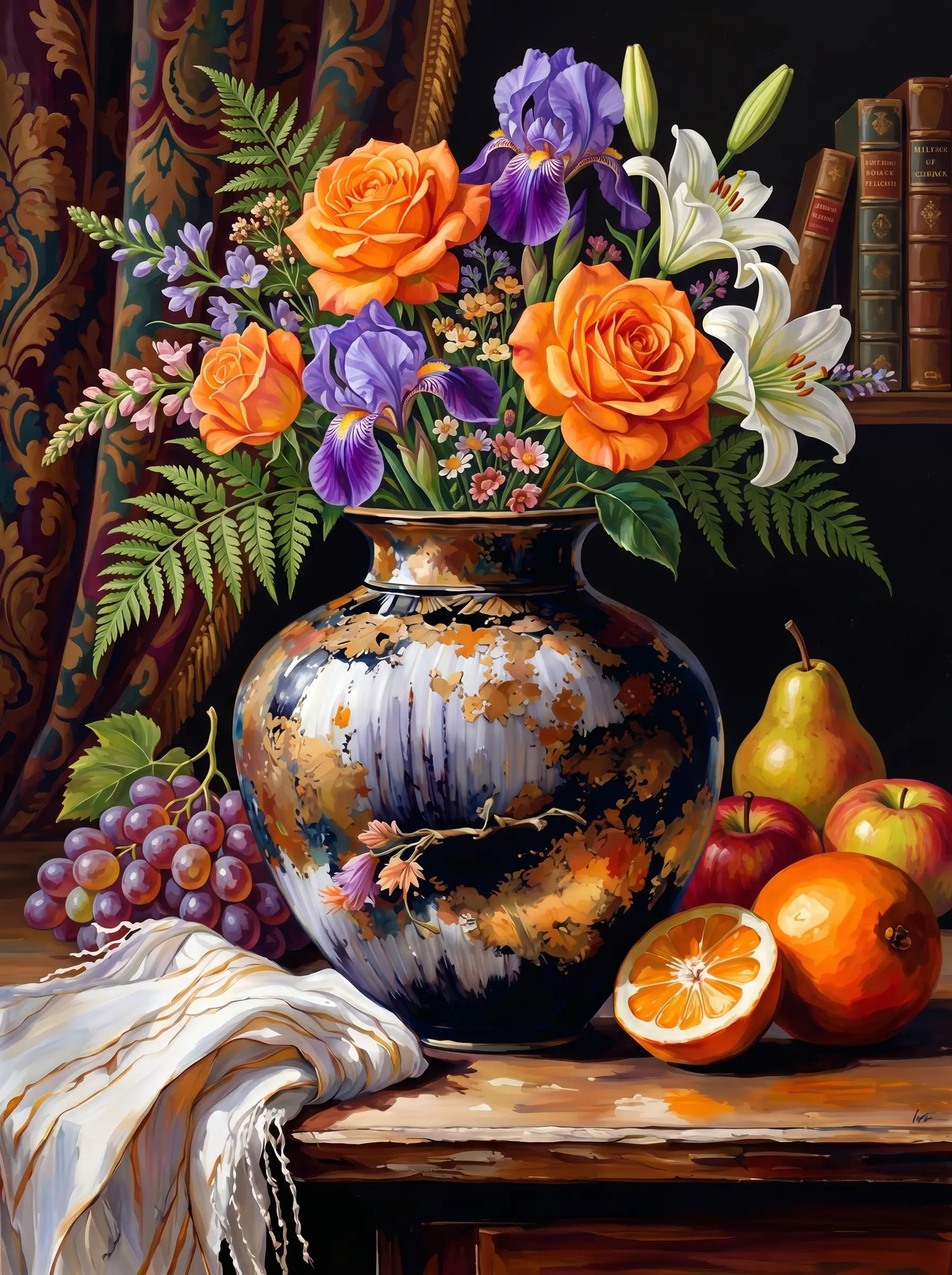 Rose Iris Lily Marble Vase (Diamond Painting)