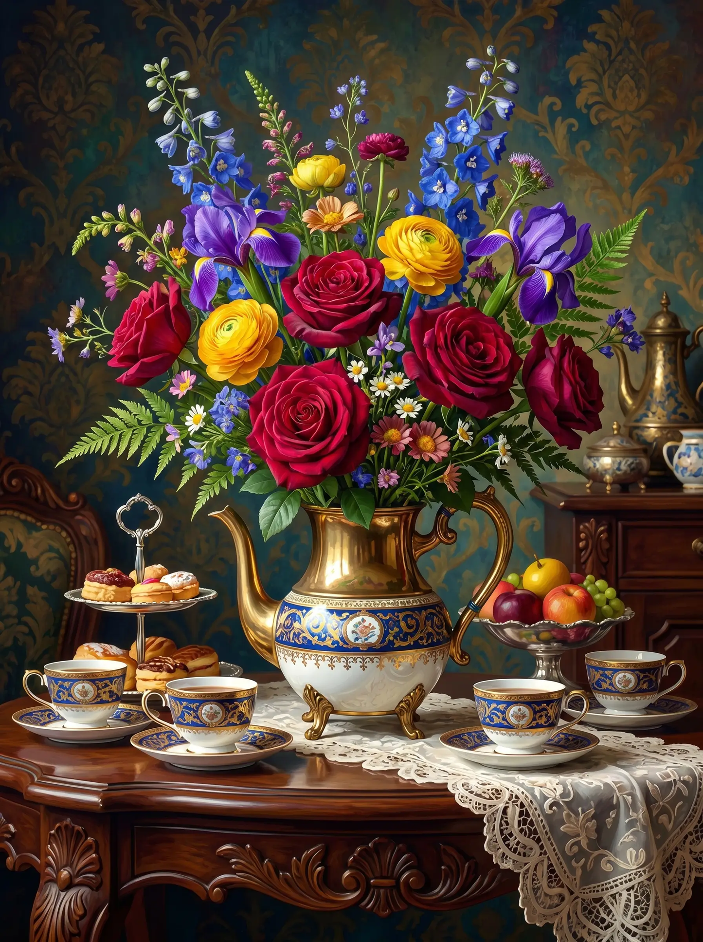 Rose Ranunculus Teapot Still Life (Diamond Painting)