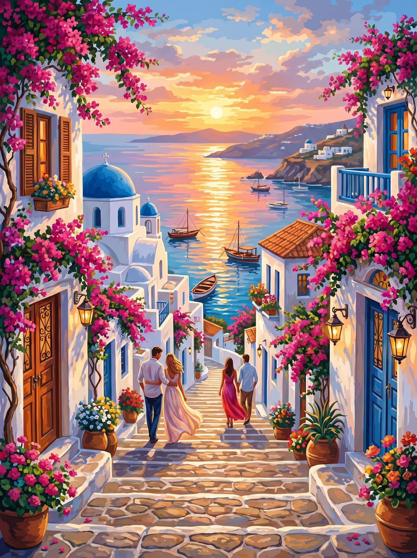 Santorini Blue Dome Lane Sunset (150 Color Diamond Painting)