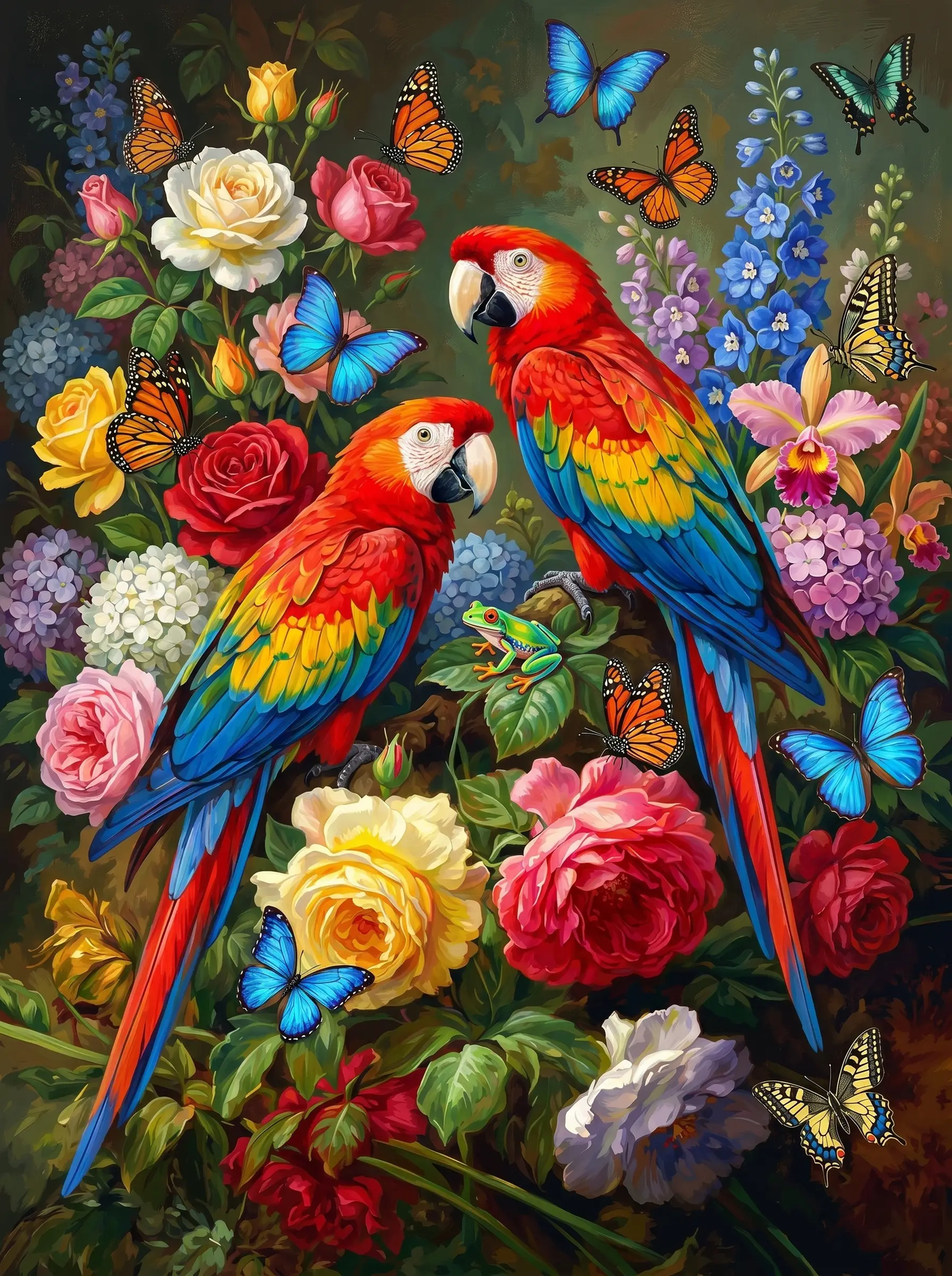 Scarlet Macaws Roses Butterflies (Diamond Painting)