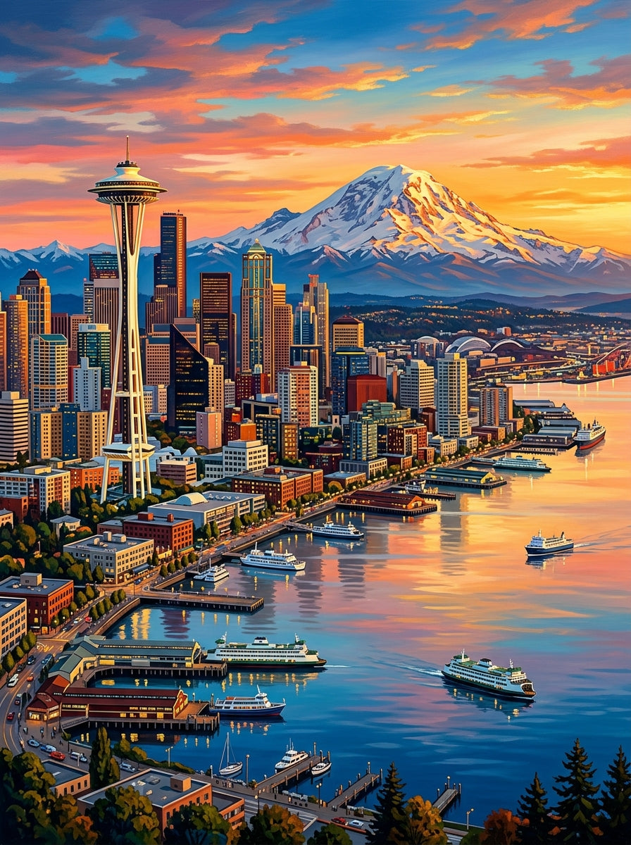 Seattle Skyline Sunset Documentary (150 Color Diamond Painting)
