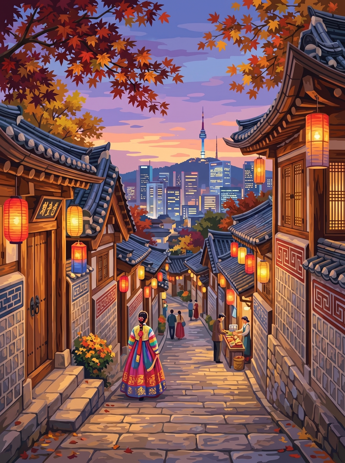 Seoul Bukchon Hanok Dusk (150 Color Diamond Painting)