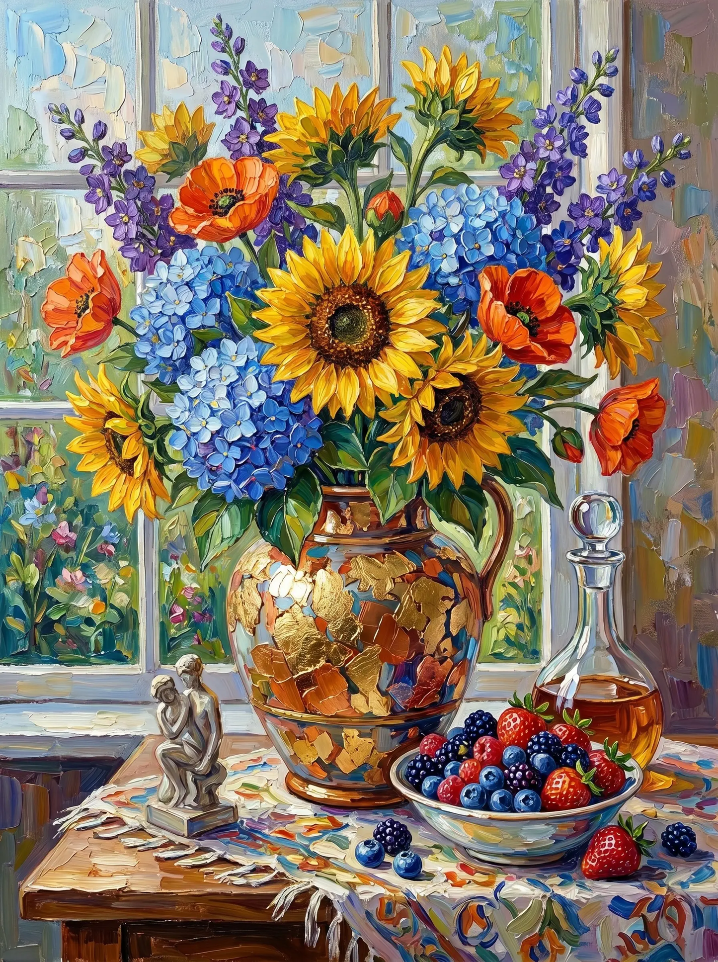 Sunflower Hydrangea Poppy Gold Jug (Diamond Painting)