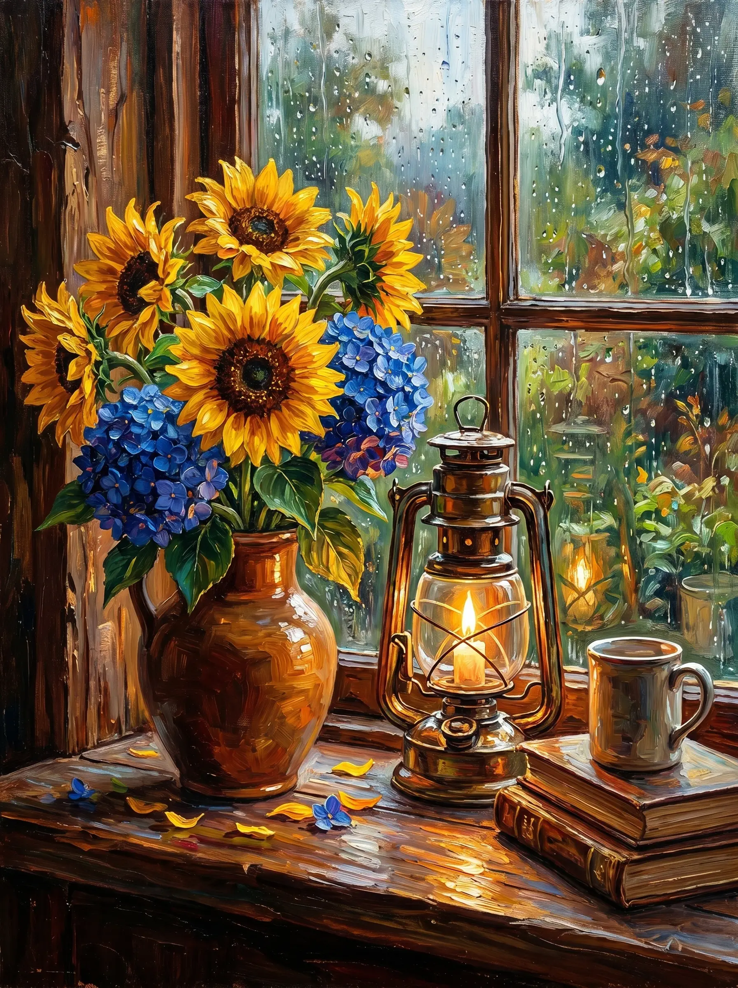 Sunflower Hydrangea Windowsill Lantern (Diamond Painting)